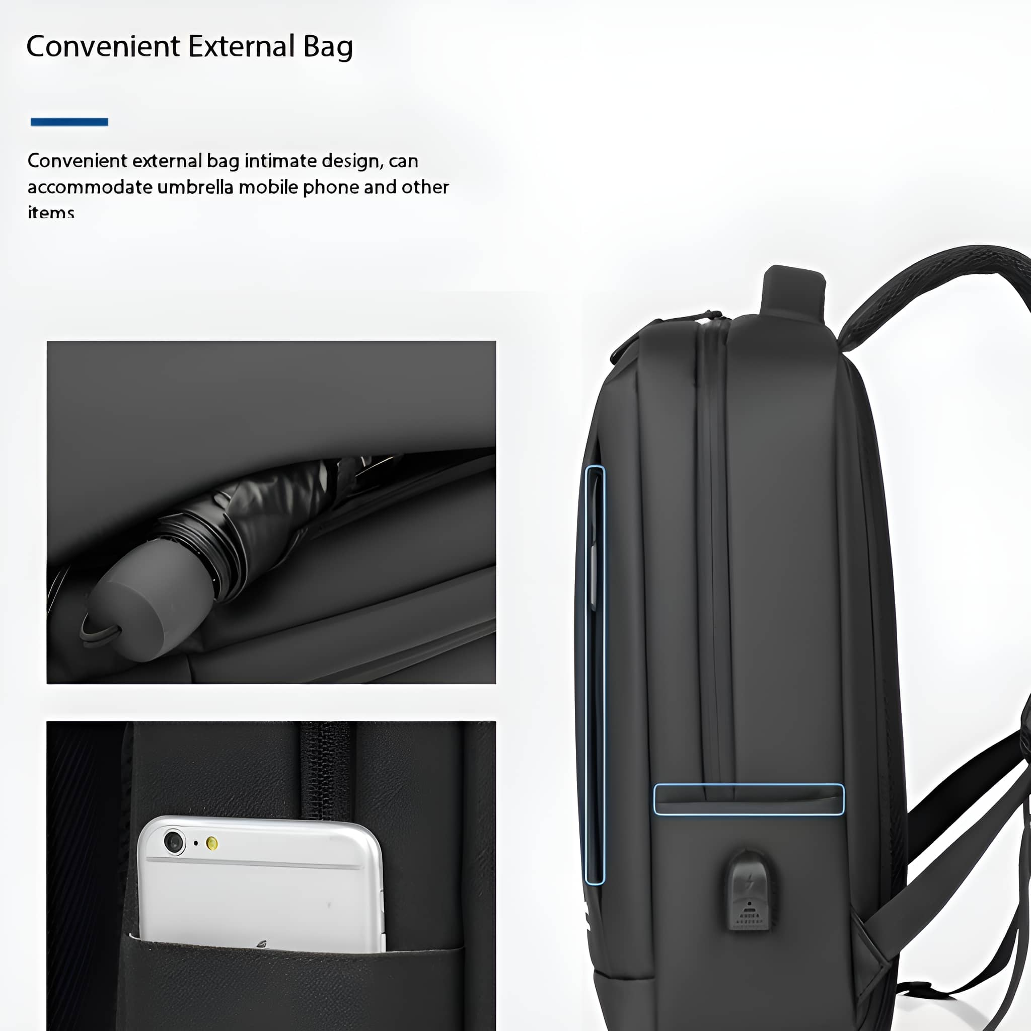 Schwarzer Rucksack mit Taschen, einem Regenschirm und einem Telefon. Text beschreibt die Merkmale.