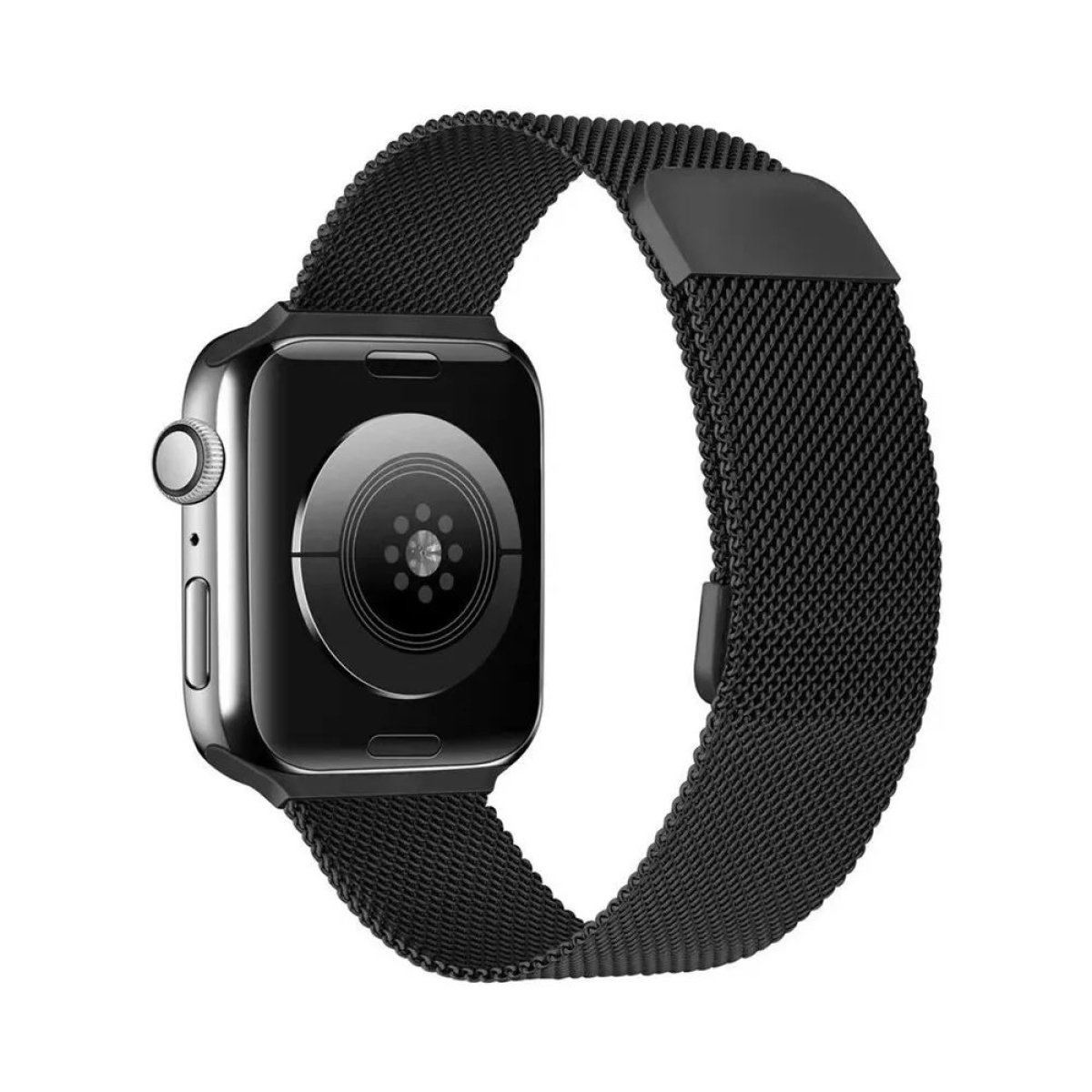 Eine schwarze Apple Watch mit einem schwarzen Mesh-Armband. Das Zifferblatt ist sichtbar und zeigt den Bildschirm.