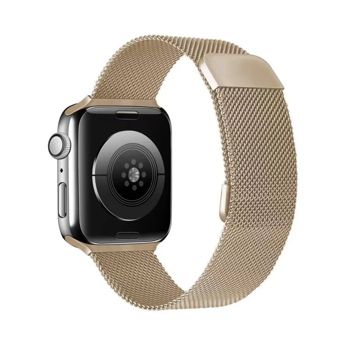 Eine goldene Apple Watch aus Edelstahl mit goldenem Mesh-Armband vor weißem Hintergrund.