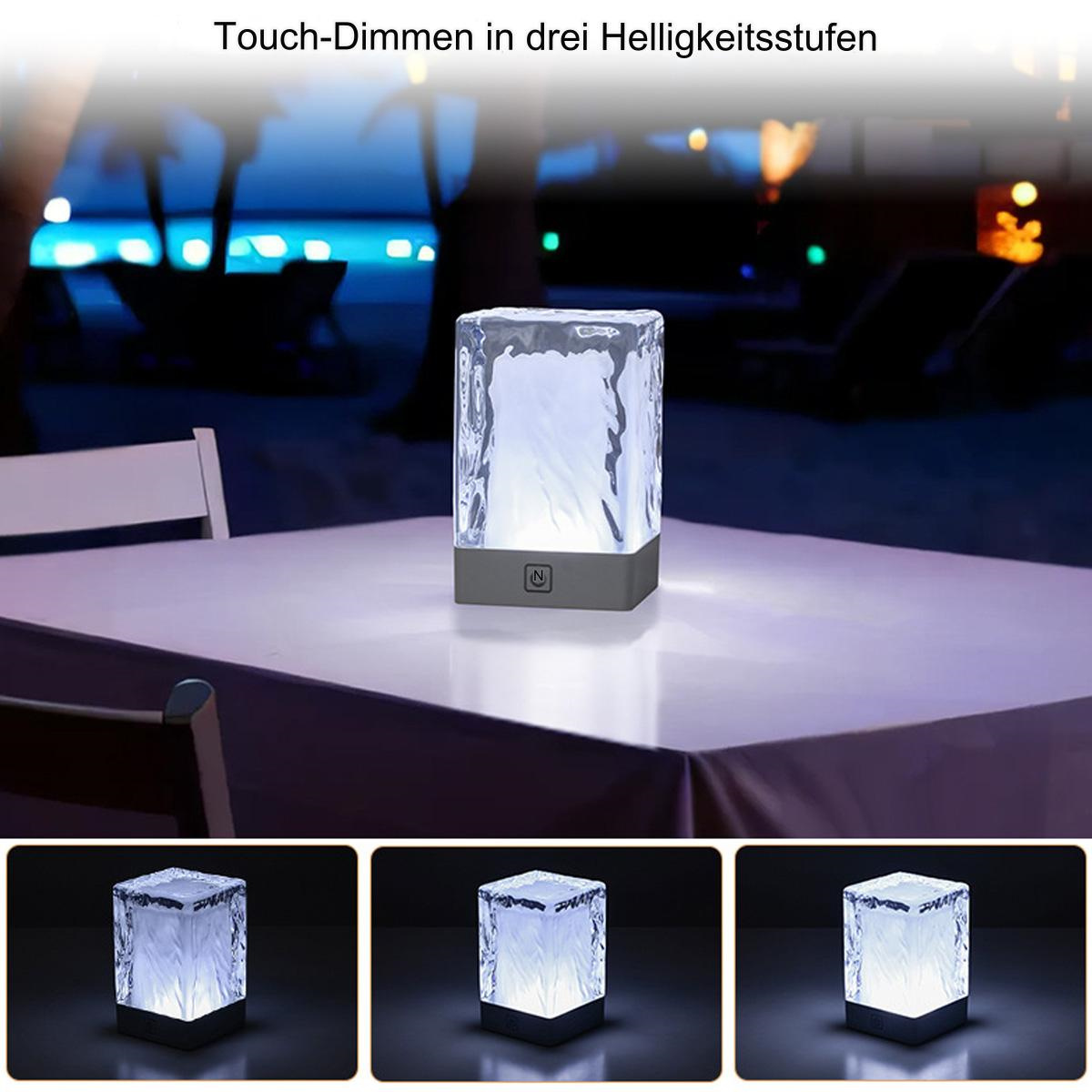 Eine leuchtende Würfellampe auf einem Tisch. Drei Helligkeitsstufen, mit dem Text 'Touch-Dimm'.
