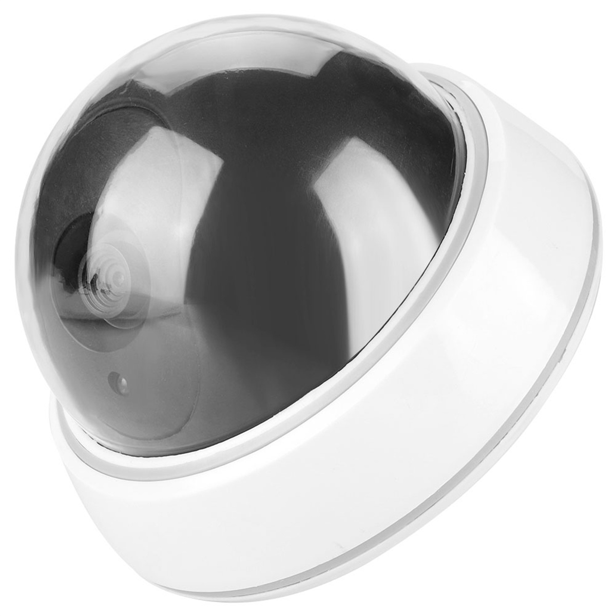 Weiße Kuppel-Überwachungskamera mit klarer Kuppel, die das Objektiv bedeckt. Die Kamera hat ein einfaches, rundes Design.