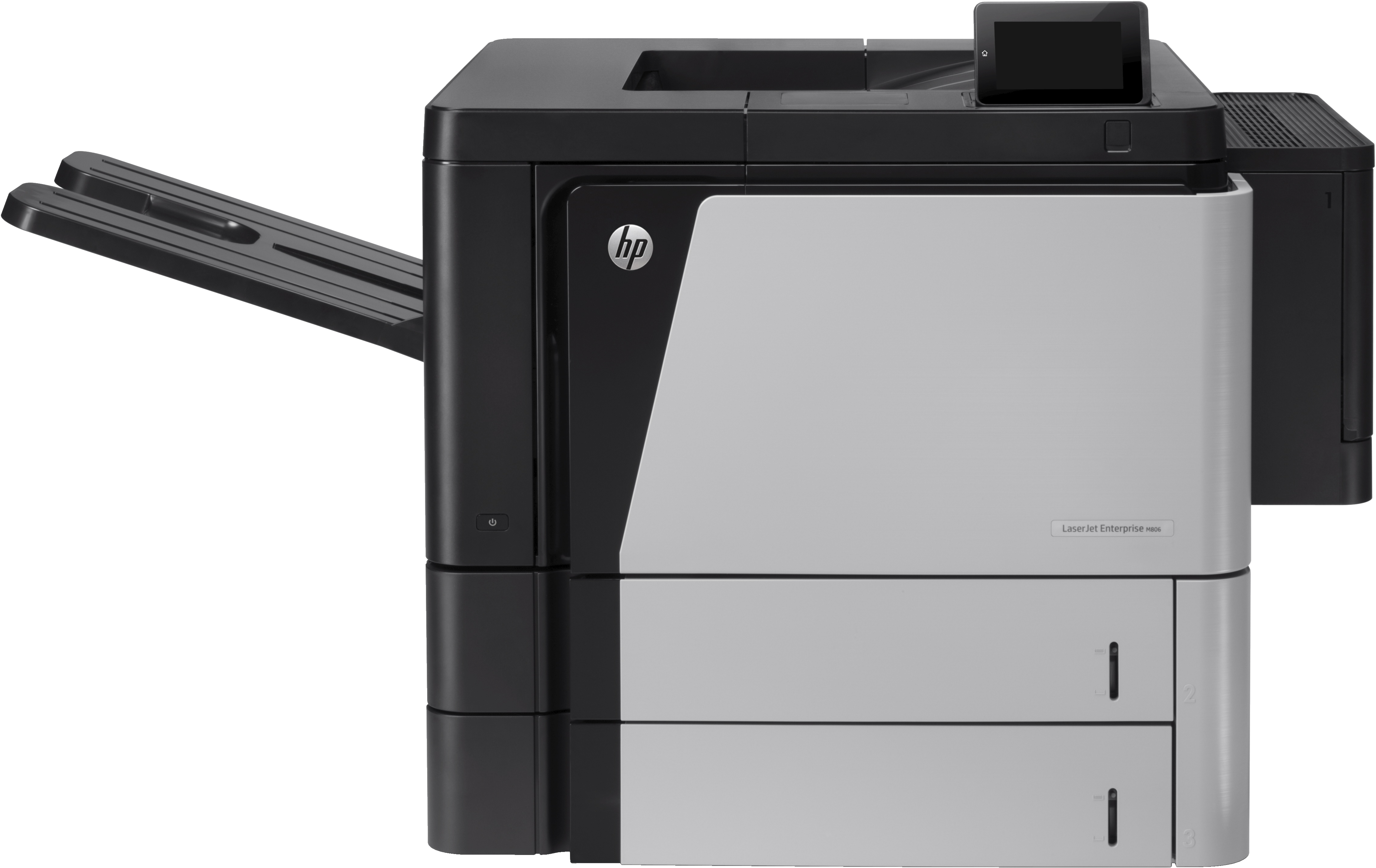 Stampante HP nera e grigia. Ha un vassoio carta e un piccolo pannello di controllo. Il logo HP è visibile.