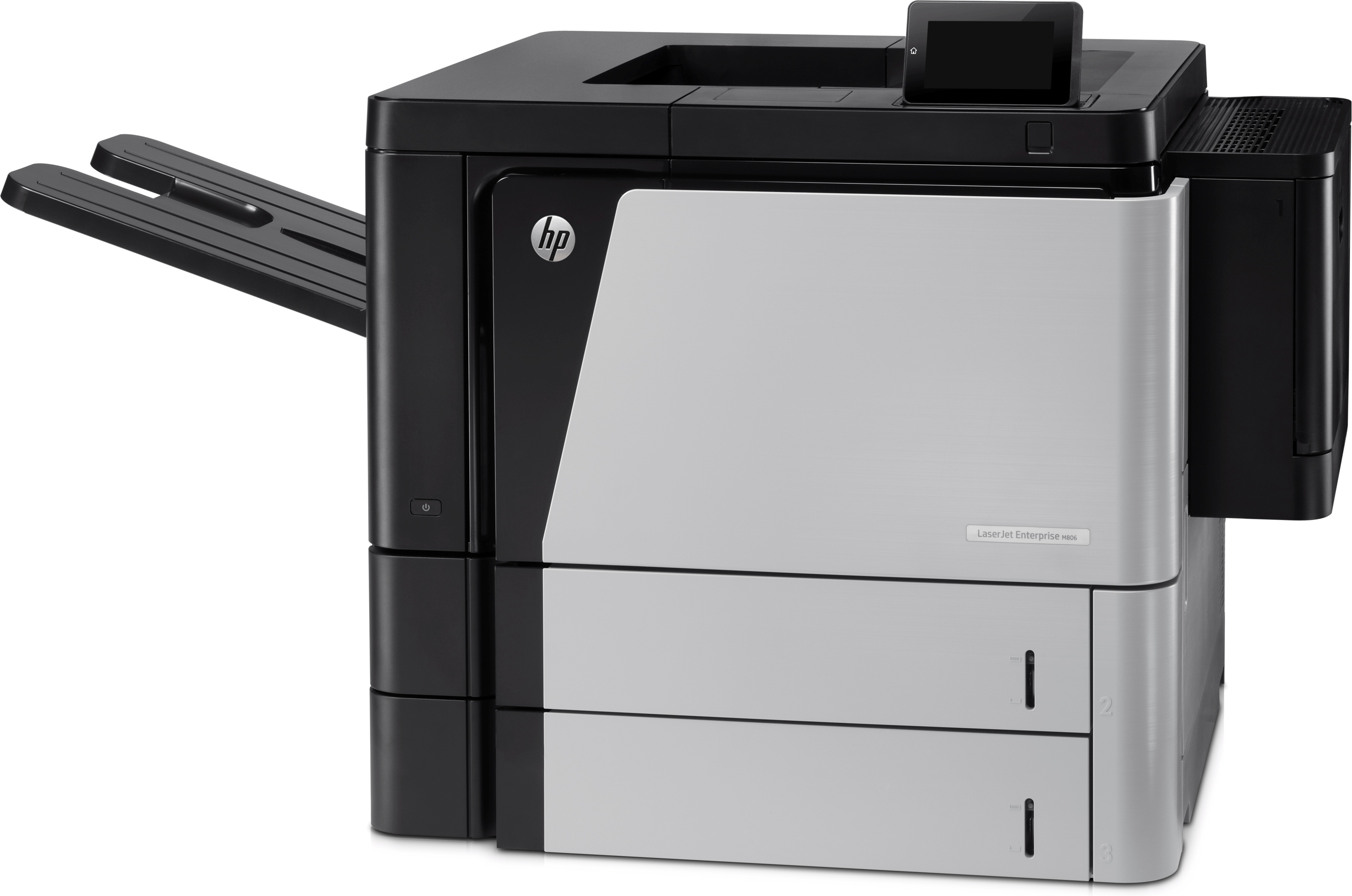 Stampante HP nera e grigia. Dispone di due vassoi carta e un alimentatore documenti.