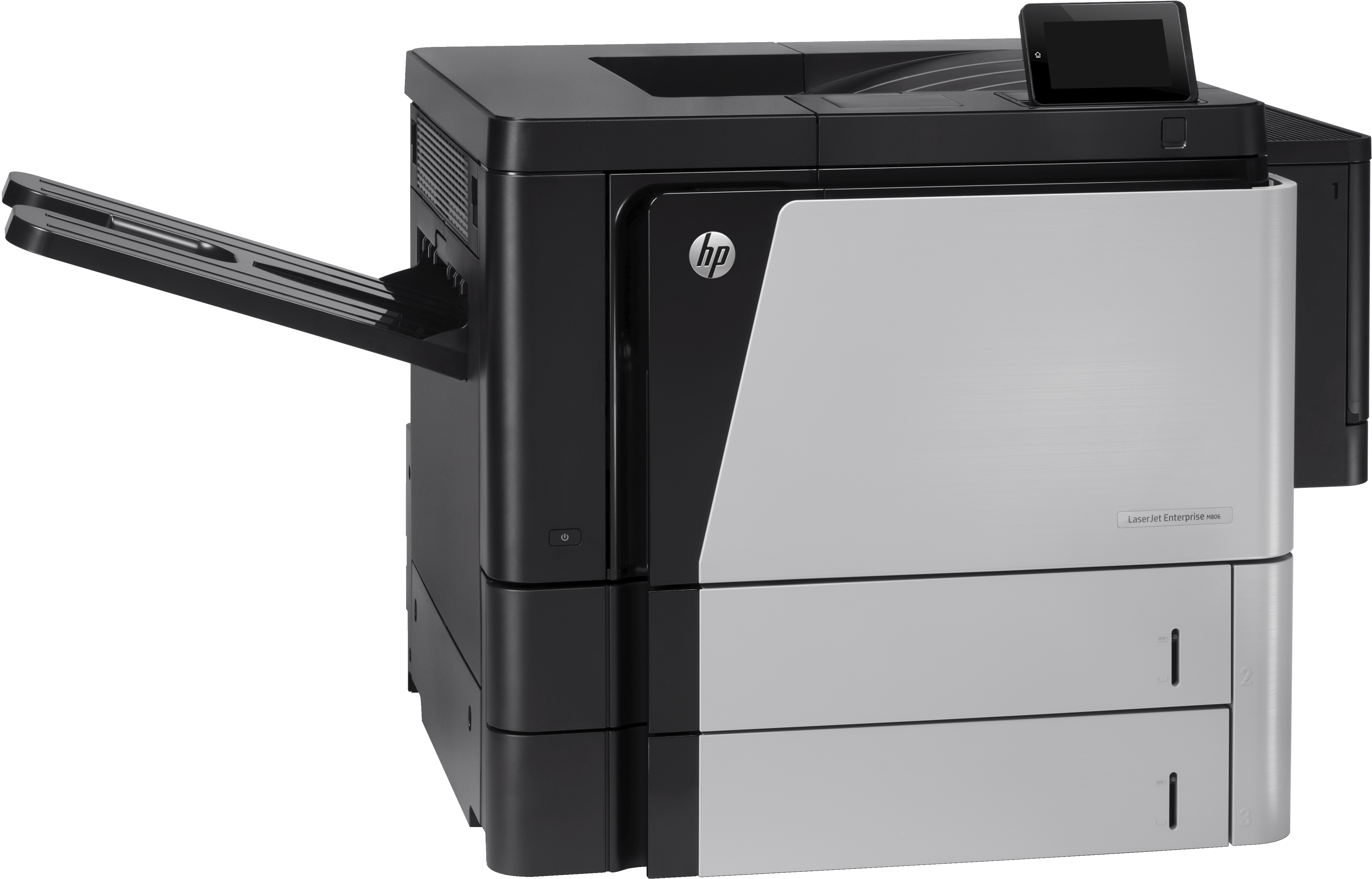 Una stampante laser HP nera e argento. Il vassoio di uscita della carta è aperto.