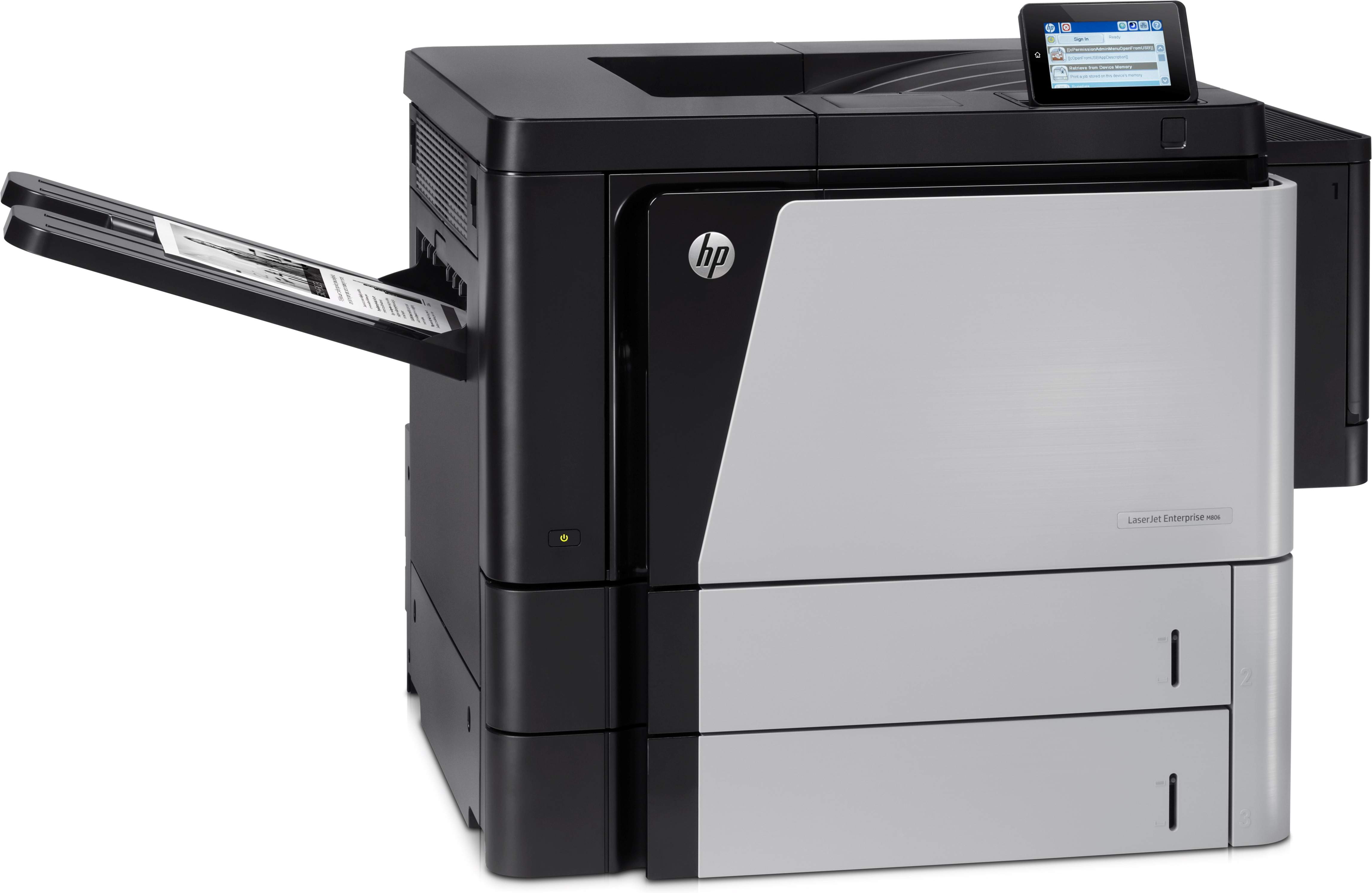 Una stampante HP LaserJet Enterprise M506x nera e grigia con il vassoio della carta aperto.