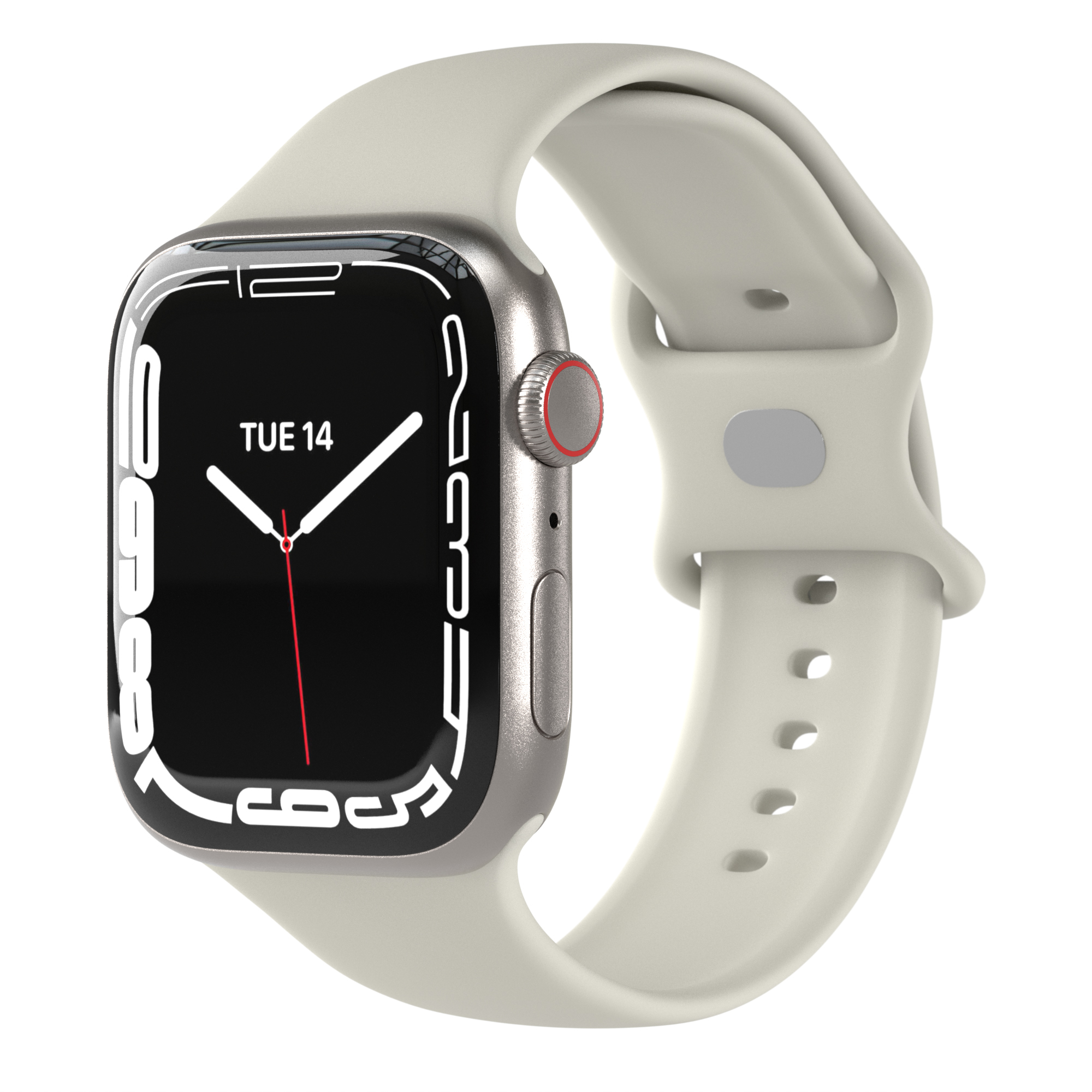 Silberne Apple Watch mit weißem Armband, zeigt das Datum 'DI 14' auf schwarzem Bildschirm.