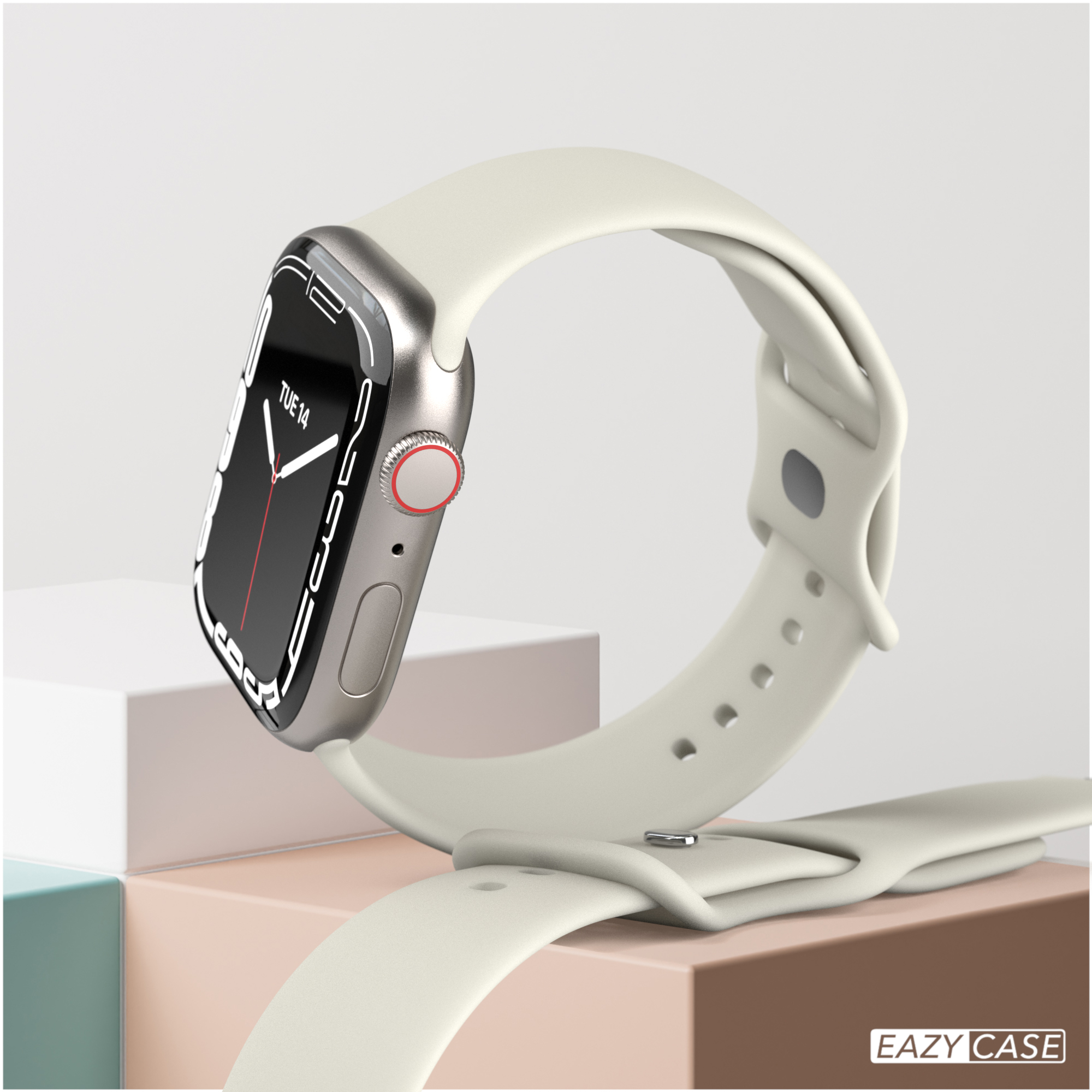 Silberne Smartwatch mit weißem Armband, die auf einer geometrischen Plattform ruht.