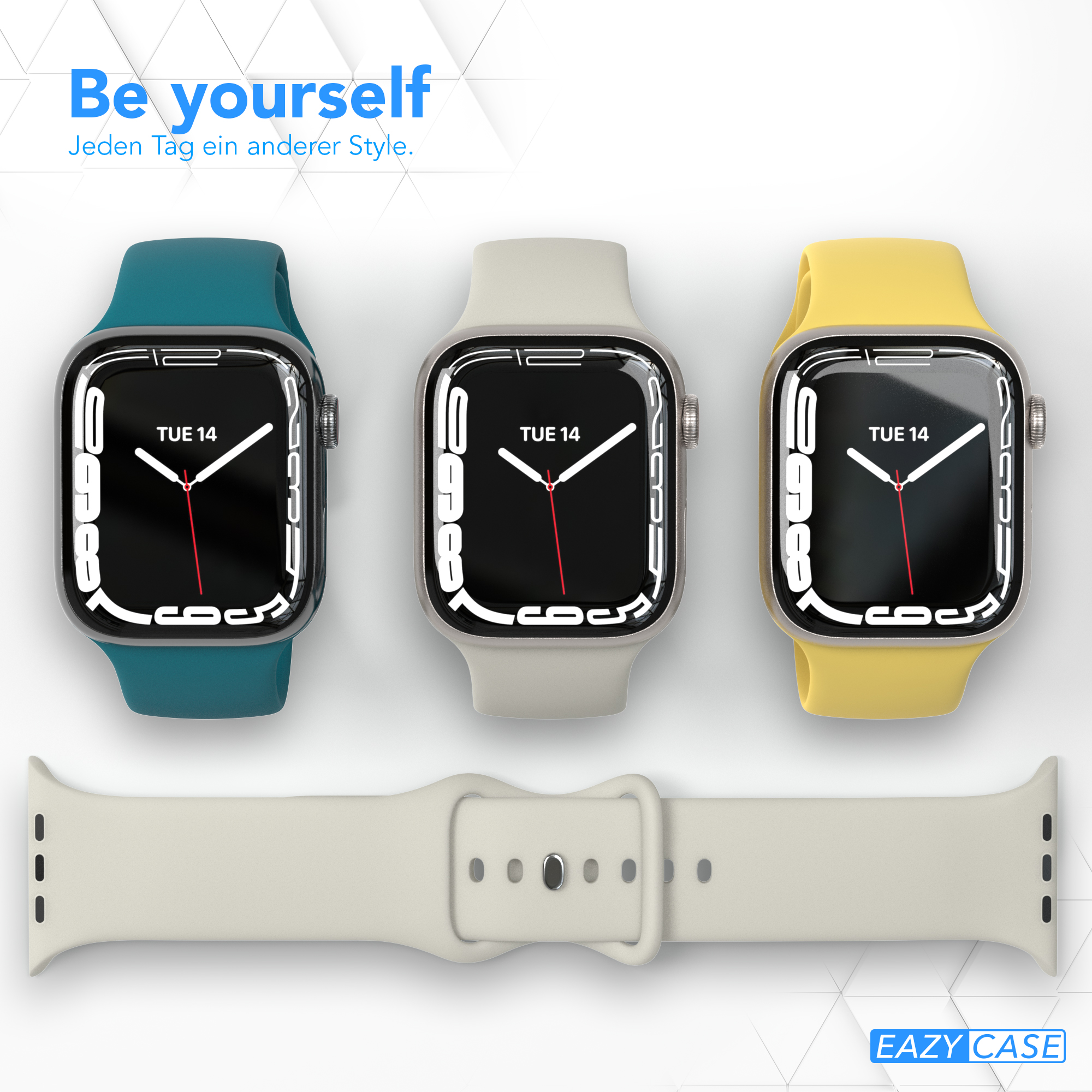 Drei Apple Watches mit verschiedenfarbigen Armbändern: Türkis, Grau und Gelb, plus Band.