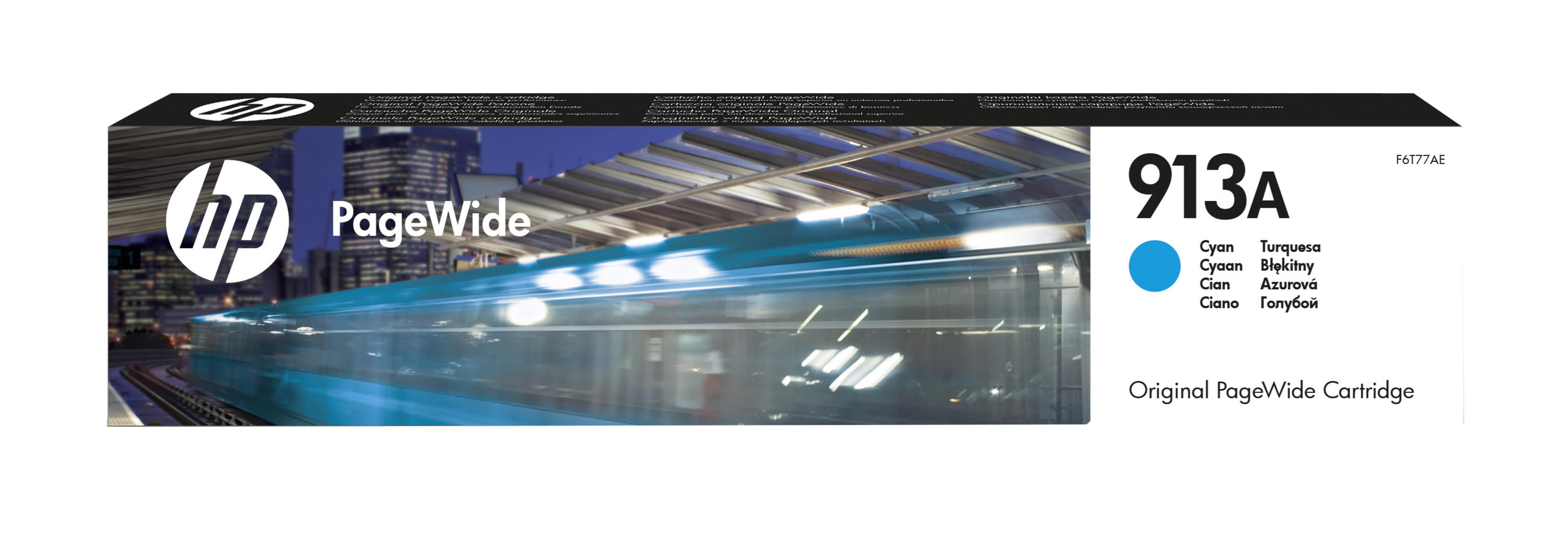 Une cartouche d'encre HP bleue et turquoise avec un train en arrière-plan.