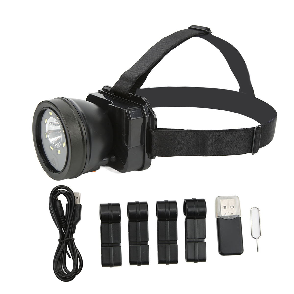 Schwarze Stirnlampe mit schwarzem Riemen und Zubehör, einschließlich eines USB-Kabels.