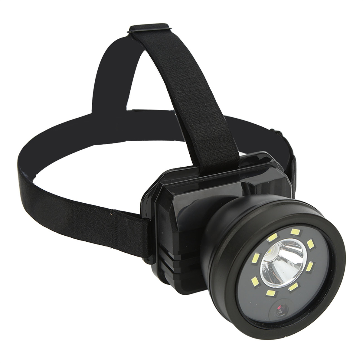 Schwarze Stirnlampe mit schwarzem Riemen. Sie hat ein rundes Licht und ein schwarzes Gehäuse.