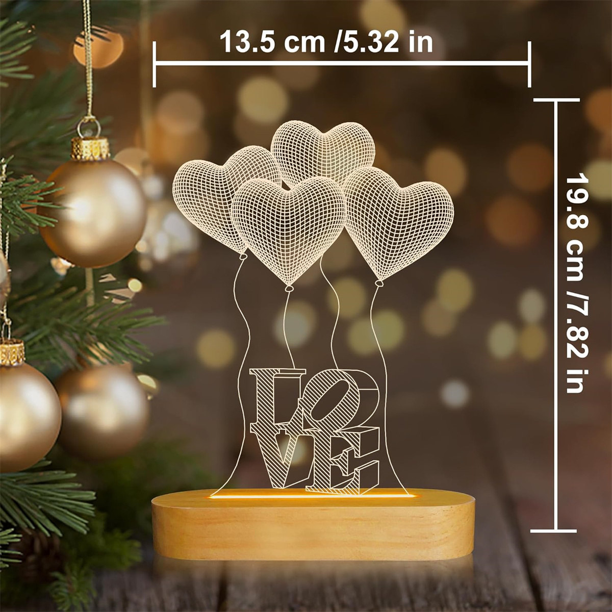 Holzsockel mit Neon-Schild mit LOVE und fünf herzförmigen Ballons. Abmessungen werden gezeigt.