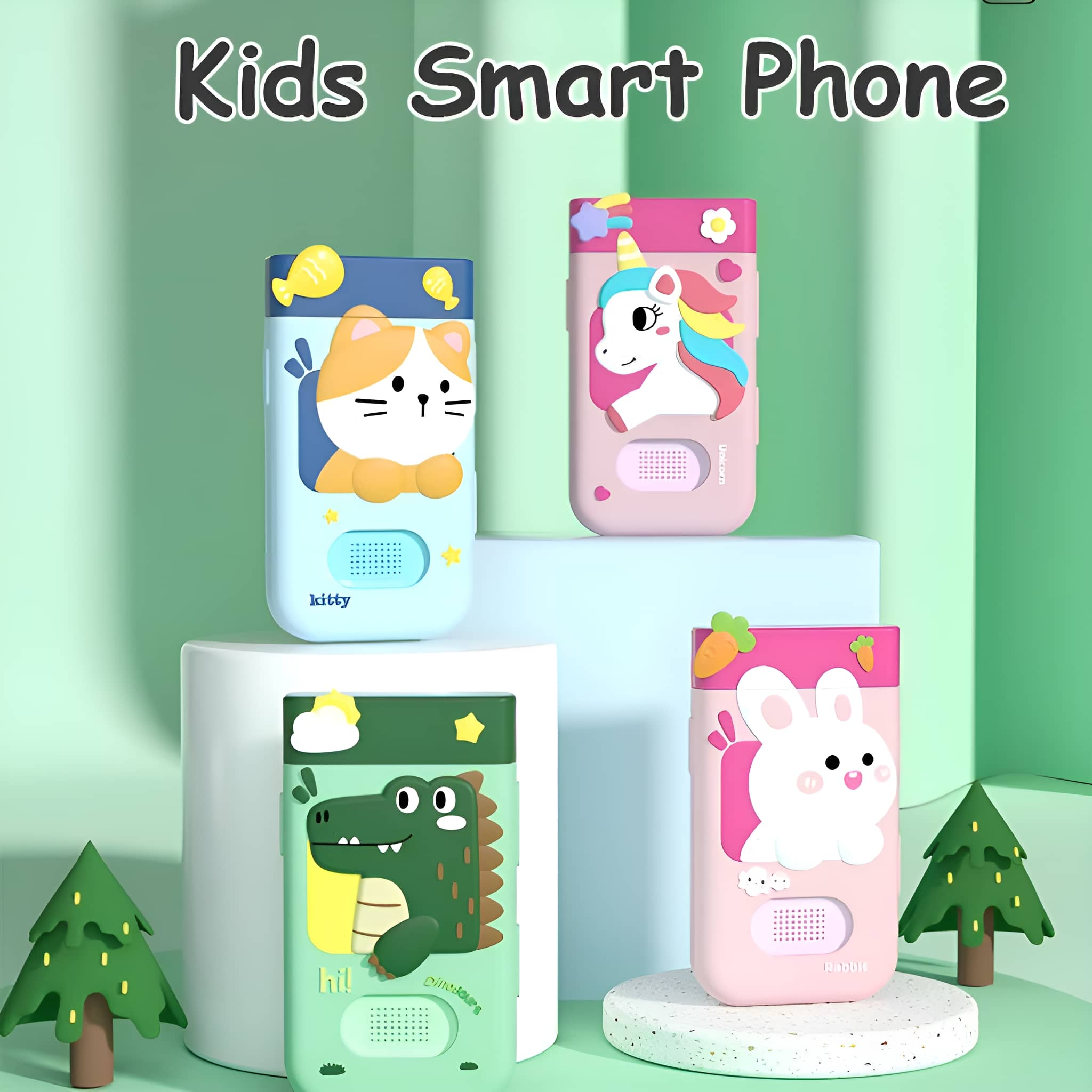 Vier Smartphones für Kinder mit Tierdesigns: eine Katze, ein Einhorn, ein Krokodil und ein Kaninchen. Sie stehen auf einer Oberfläche.