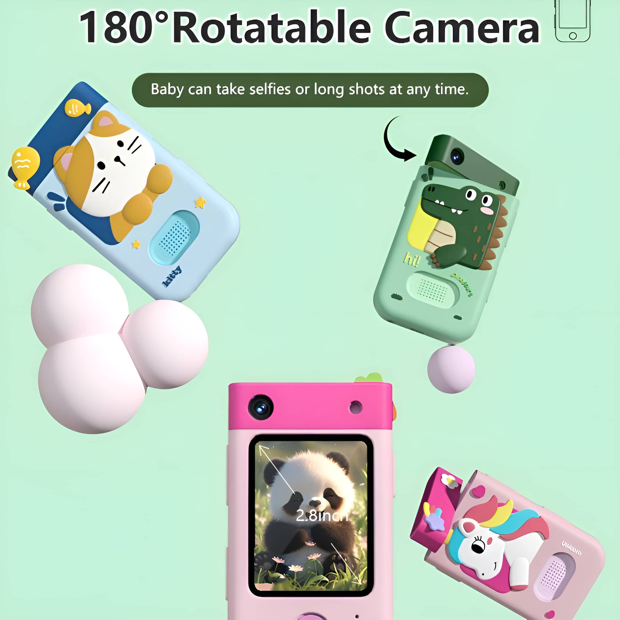 Rosa Kinderkamera mit verschiedenen tierförmigen Hüllen. Panda, Katze und Dinosaurier.