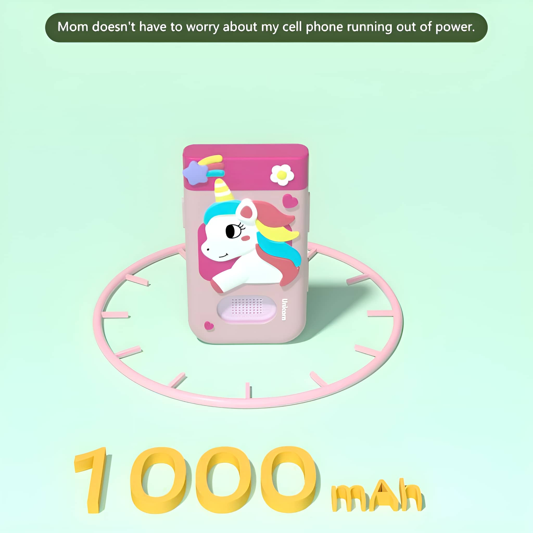 Eine pink-weiße Powerbank im Einhorn-Design mit Ladekabel und dem Text '1000 mAh'.