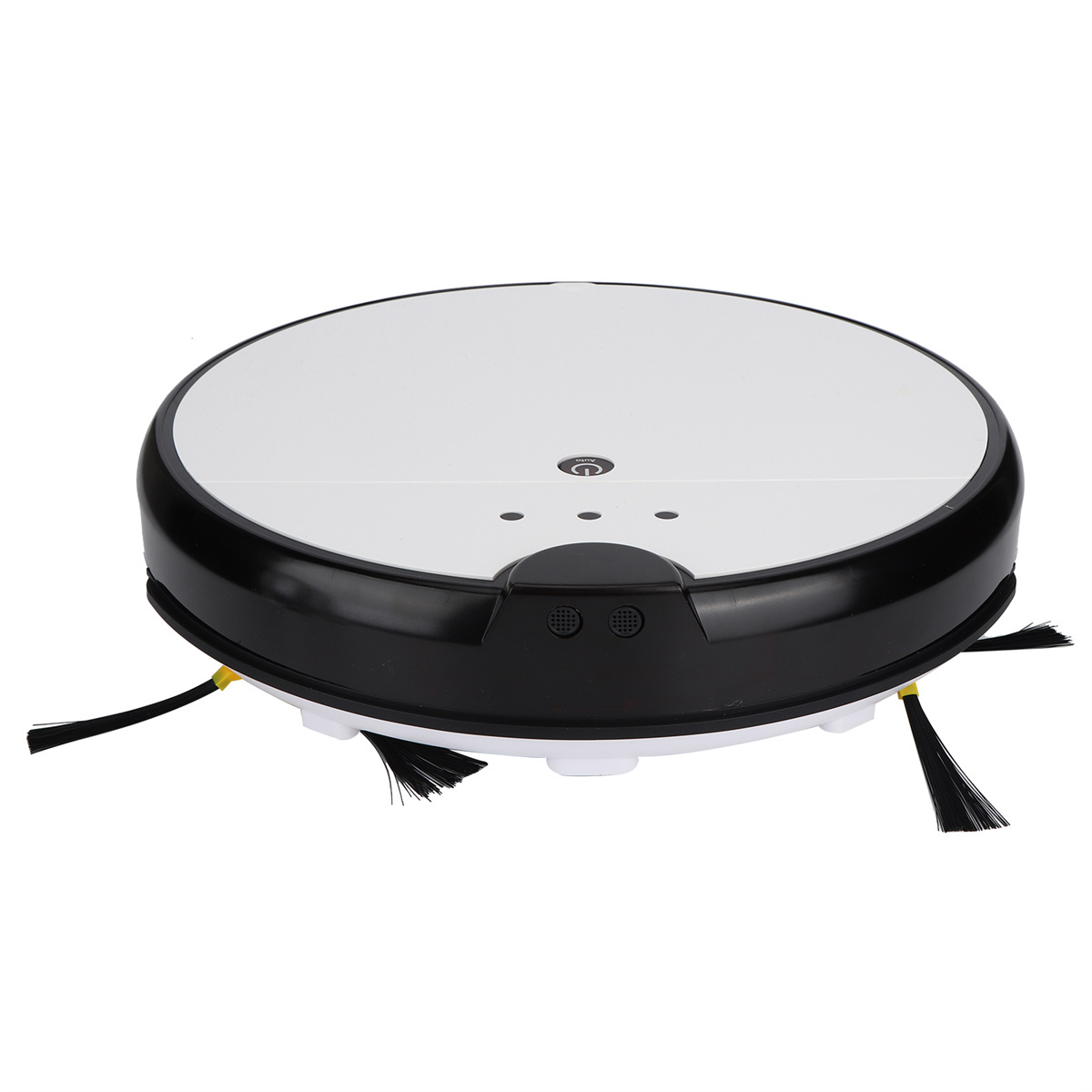 Runder schwarz-weißer Roboter-Staubsauger, mit Bürsten und Knöpfen, auf weißem Hintergrund.