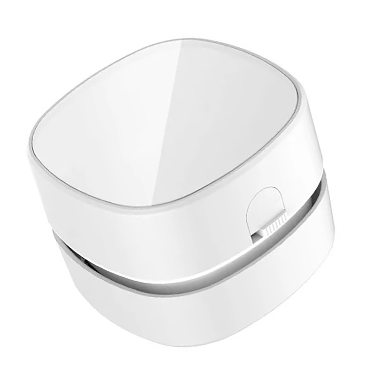 Ein weißer Mini-Staubsauger. Es ist eine Draufsicht auf weißem Hintergrund.