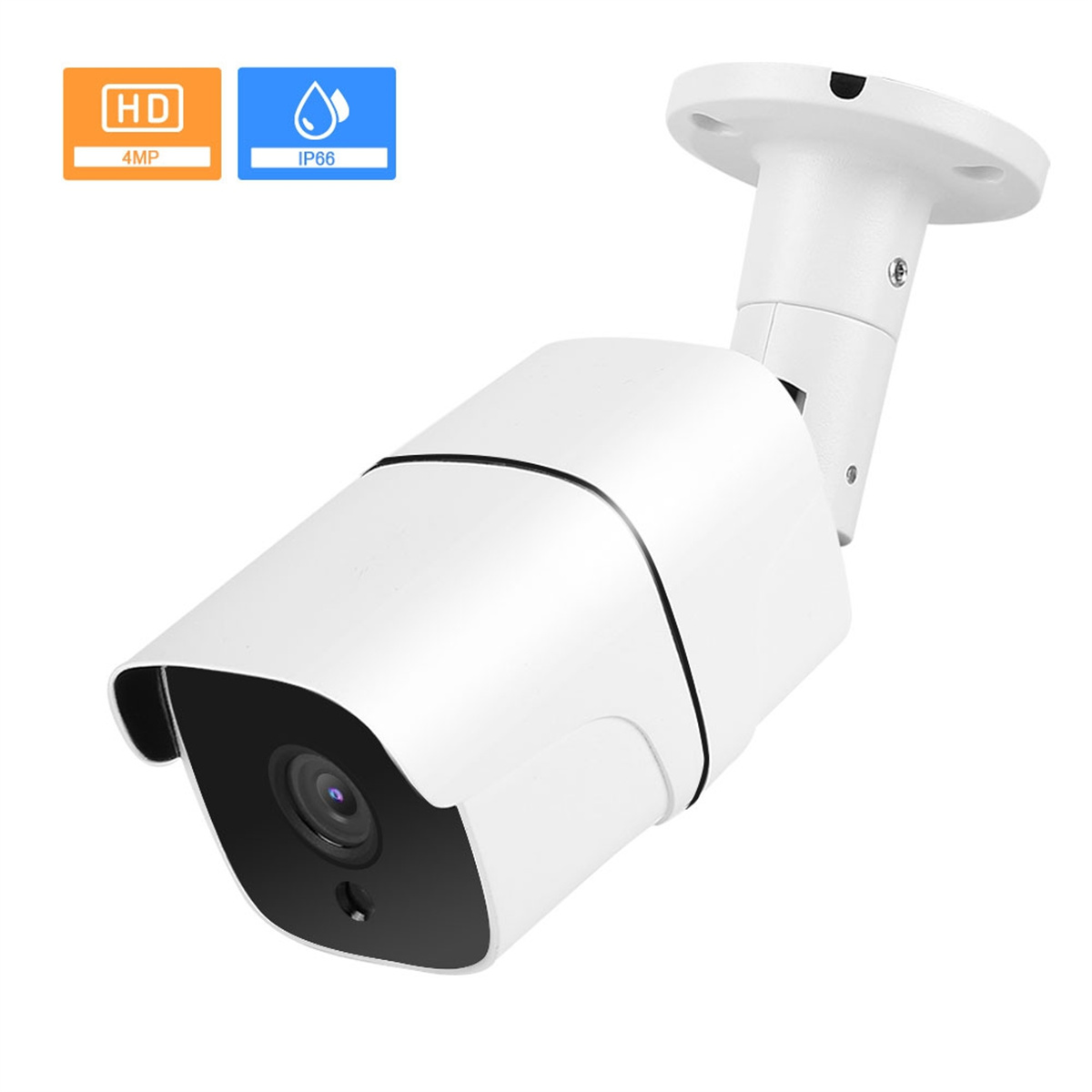 Weiße Überwachungskamera mit schwarzem Objektiv, montiert auf weißem Hintergrund. HD 4MP und IP66 Etiketten.