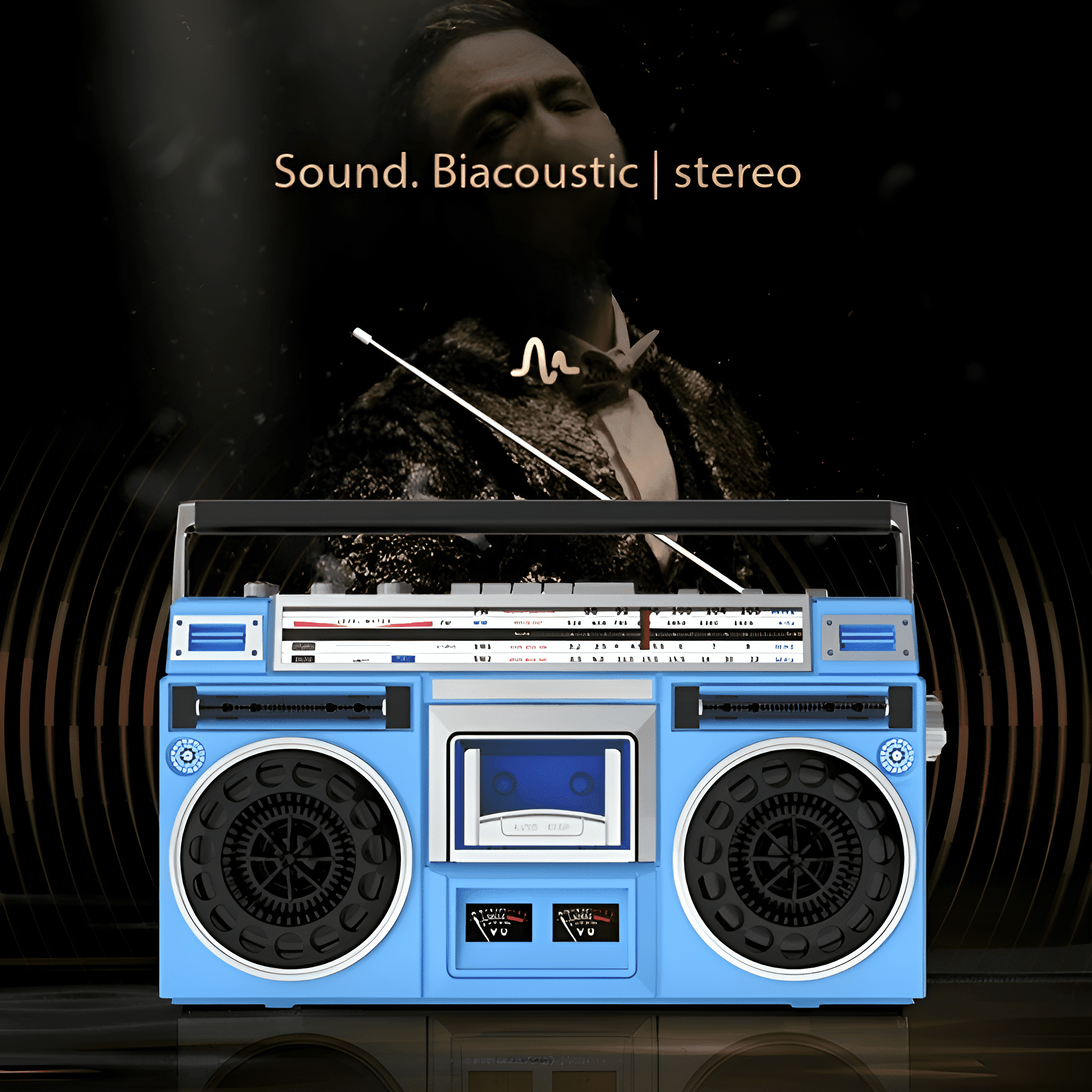 Eine blaue Retro-Boombox mit großen Lautsprechern, einem Kassettenfach und dem Bild eines Mannes im Hintergrund.
