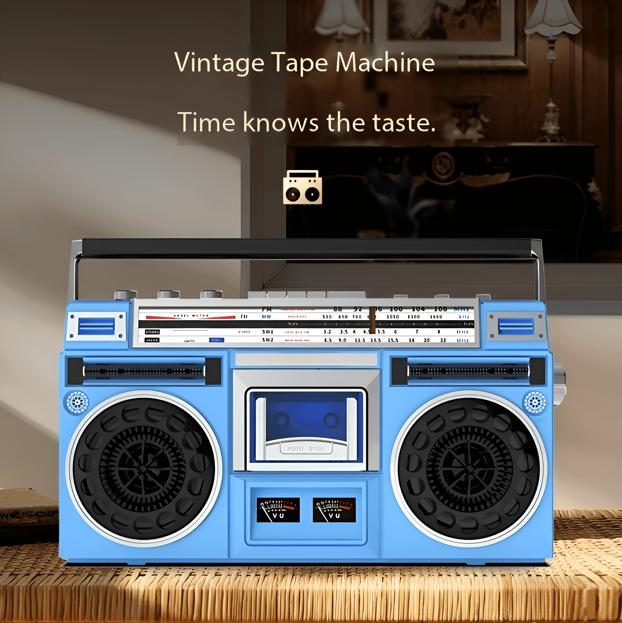 Blauer Vintage-Boombox auf gewebter Oberfläche. Mit Lautsprechern und Knöpfen.