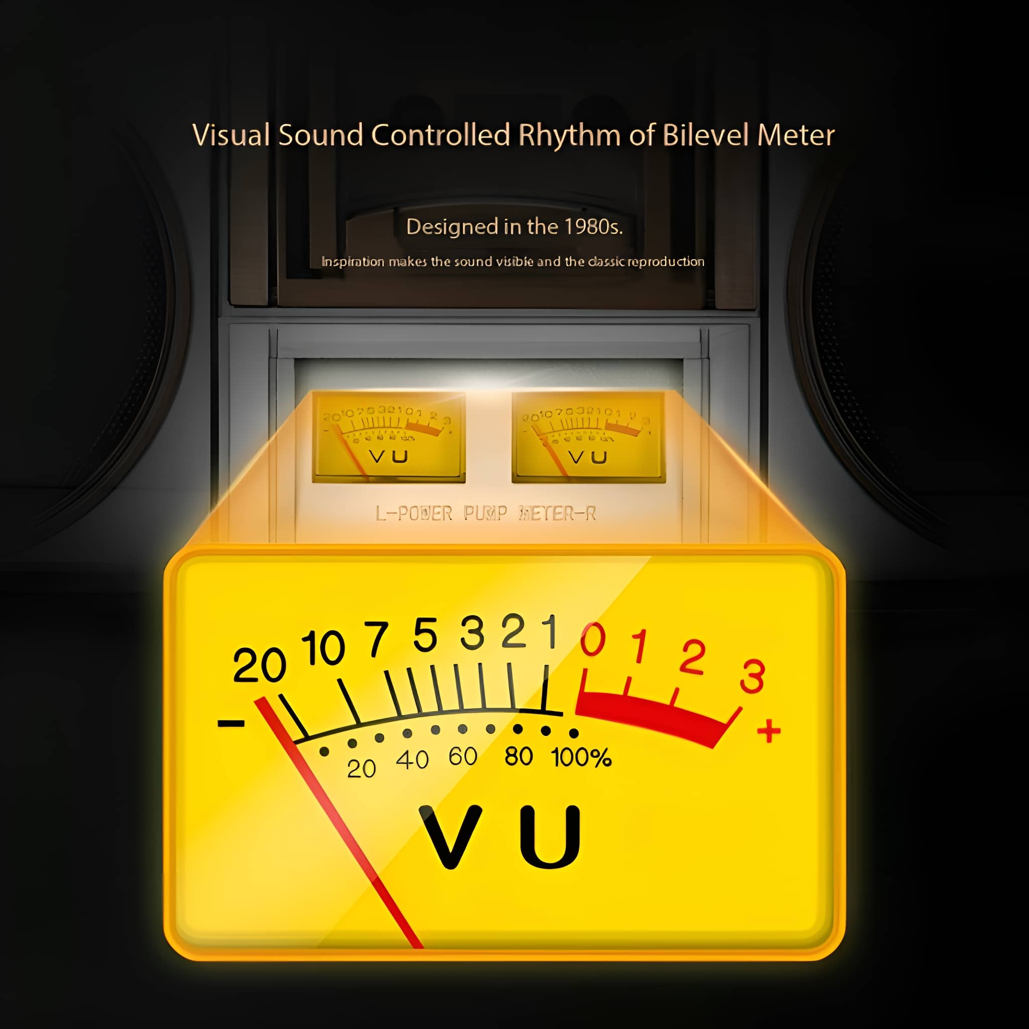 Gelbes VU-Meter, mit roter Nadel, und einem schwarzen Hintergrund.
