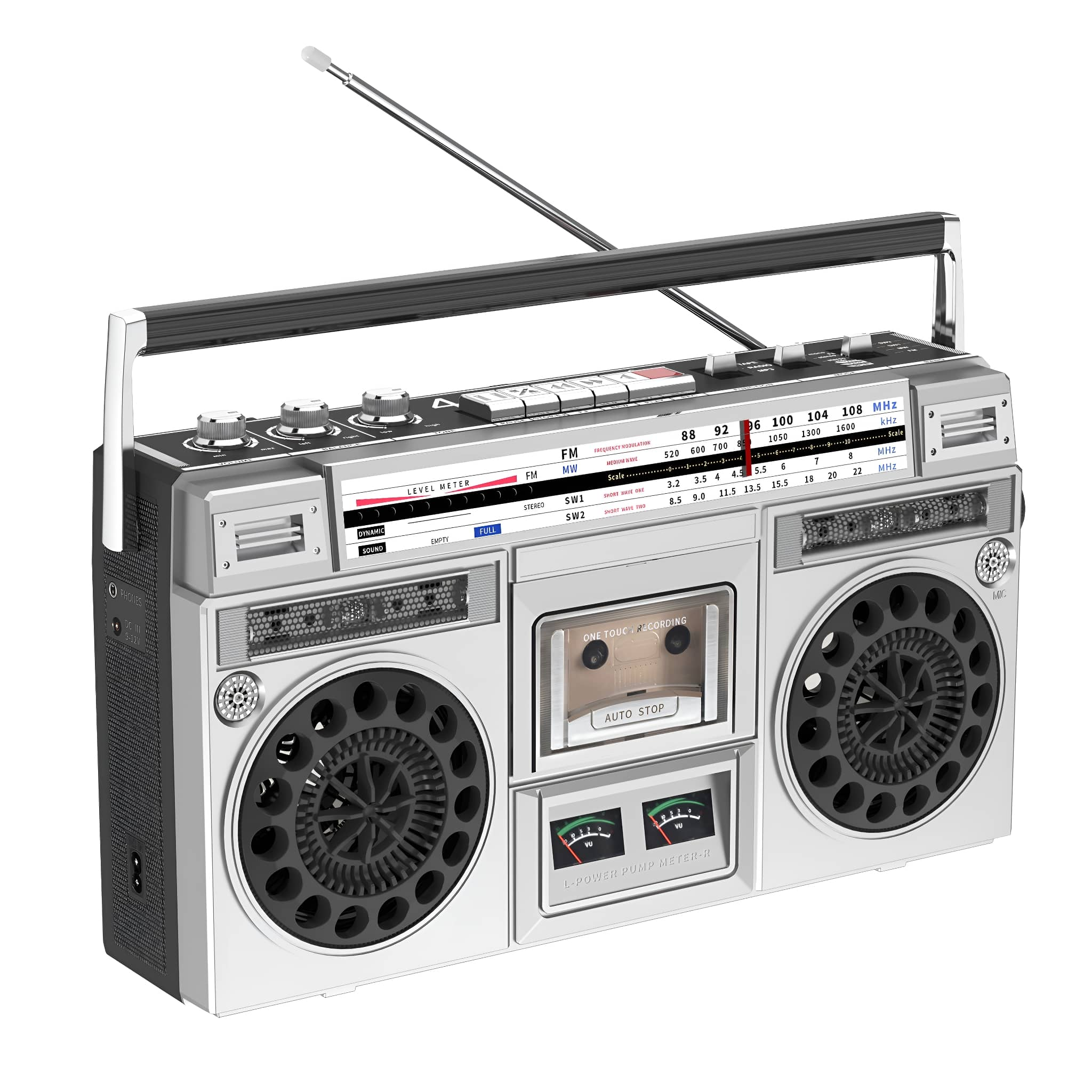 Eine silberne und schwarze Boombox mit Griff, Antenne und Kassettenspieler, leicht angewinkelt.