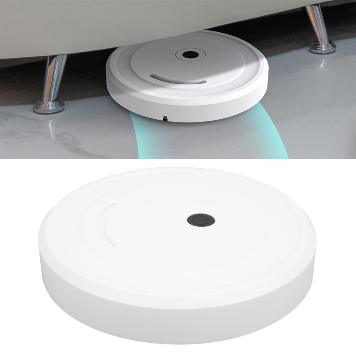 Weißer Roboter-Staubsauger unter einem Sofa. Er hat einen blauen Reinigungspfad.
