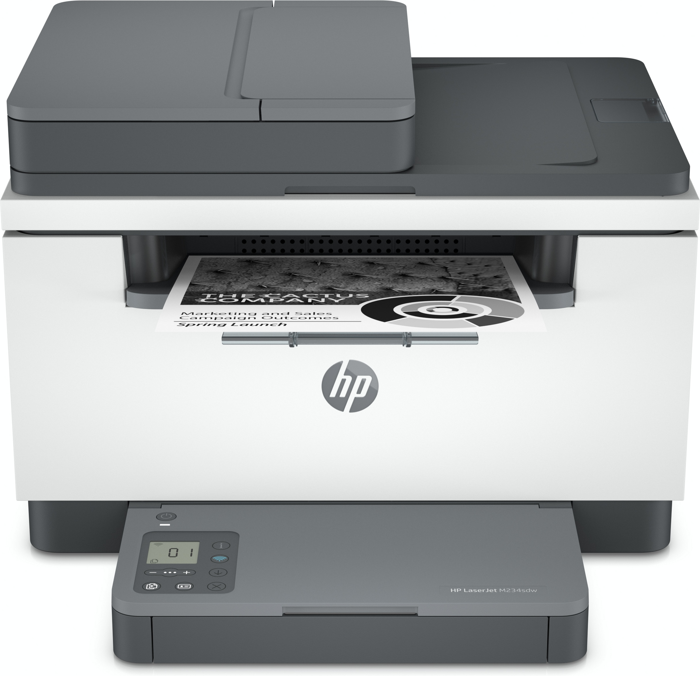Biało-szara drukarka HP Laserjet drukująca czarno-biały dokument.