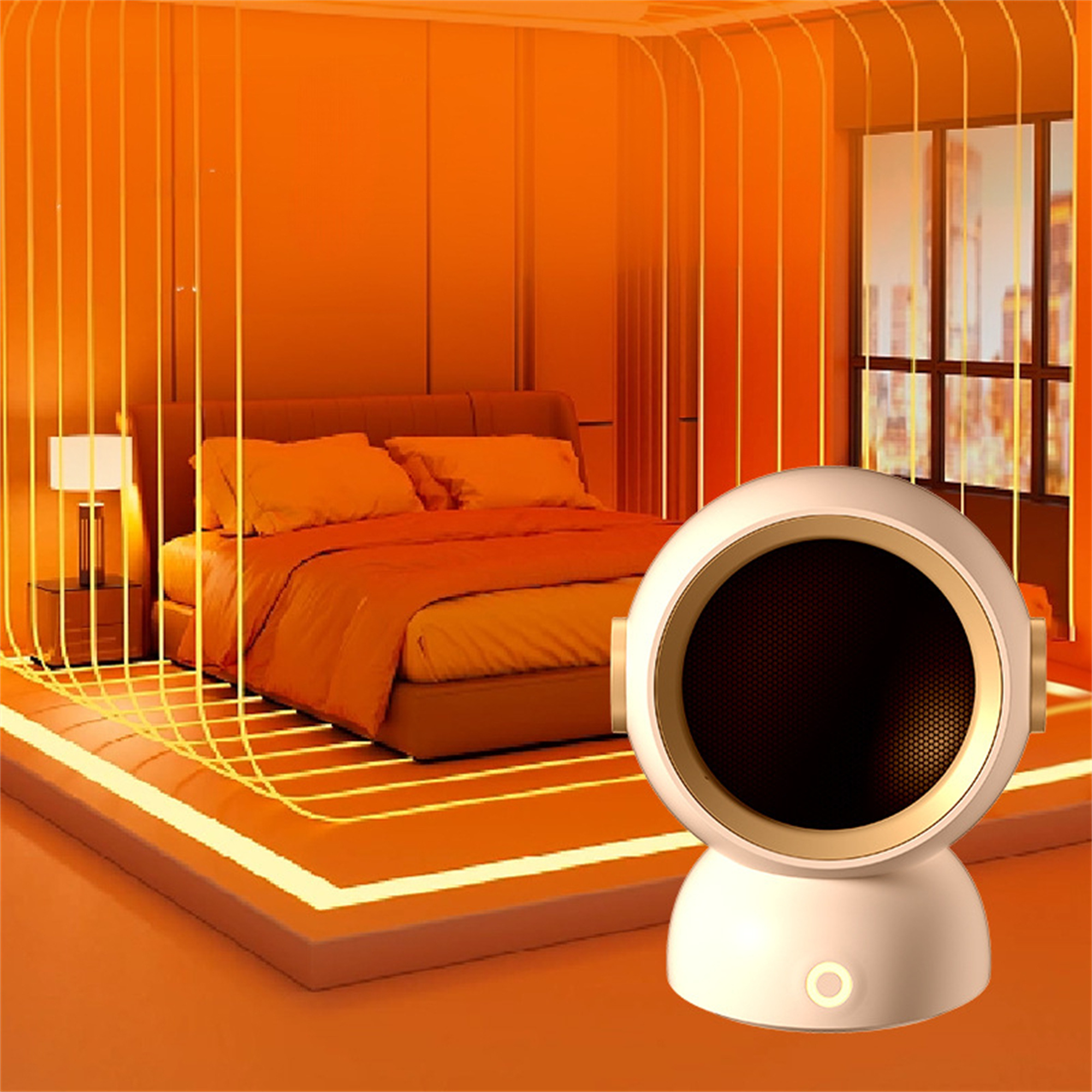 Zimmer mit orangefarbener Beleuchtung, Bett und einem kleinen, weißen, runden Heizgerät auf dem Boden.