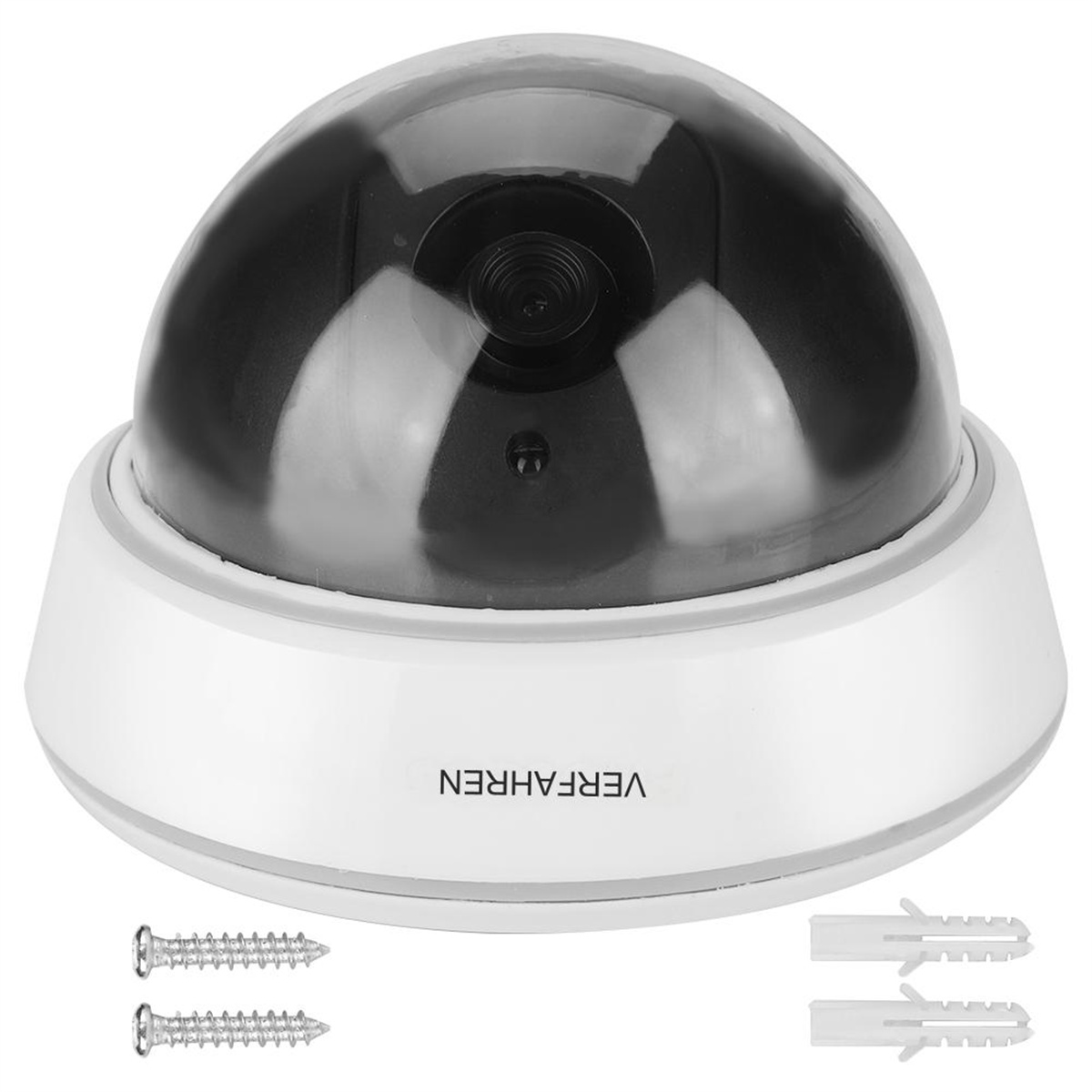 Weiße Dome-Sicherheitskamera mit dem Wort VERFAHREN, mit Schrauben.