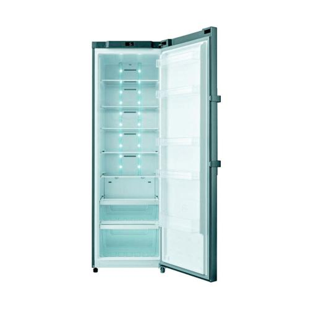 Un refrigerador abierto con múltiples estantes y cajones, que muestra un interior brillante con LEDs.