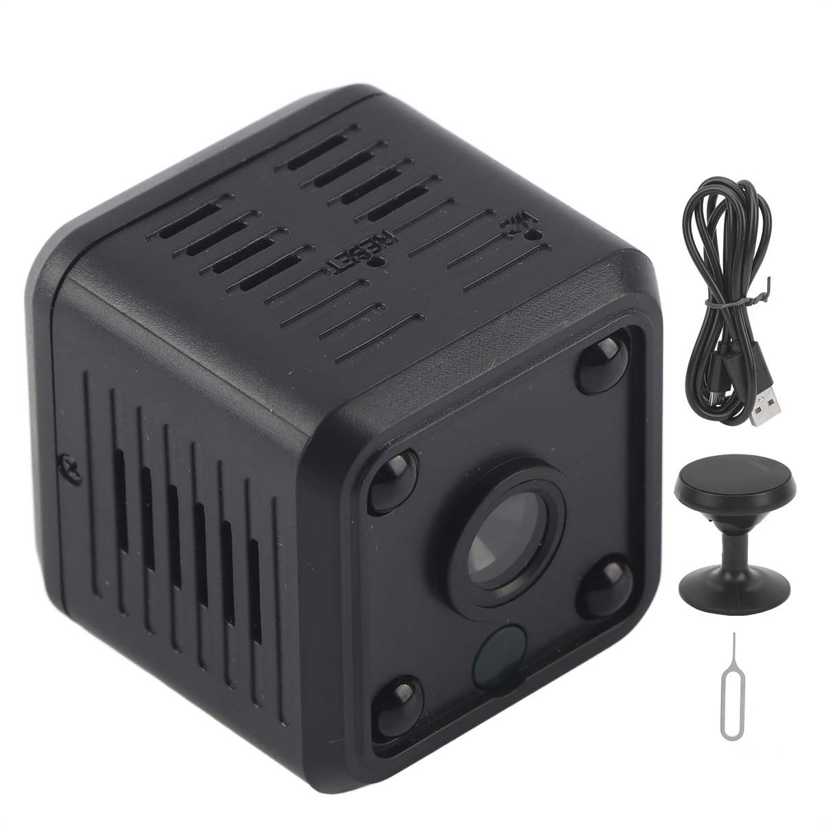 Kleine, schwarze, würfelförmige Überwachungskamera mit Lüftungsschlitzen, Objektiv und USB-Kabel. Inkl. Ständer und Nadel.