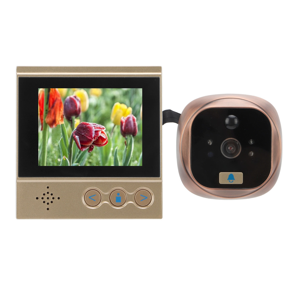 Türklingel-Kamera-Setup mit Bildschirm, der Blumen zeigt, Goldfarbe.