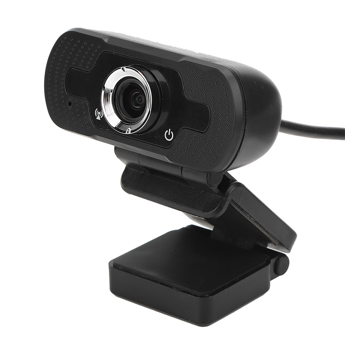 Schwarze Webcam mit Objektiv und Ständer. Sie hat einen Ein- und Ausschalter und zwei Kontrollleuchten.
