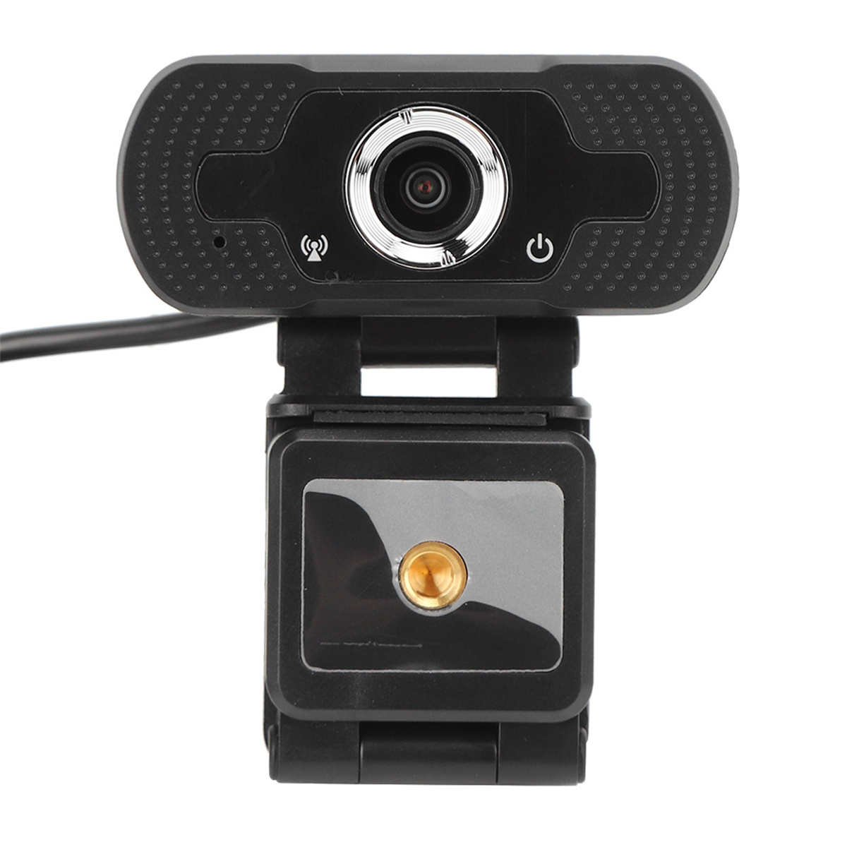 Eine schwarze Webcam mit Linse, Taste und Halterung. Schwarzer Hintergrund.