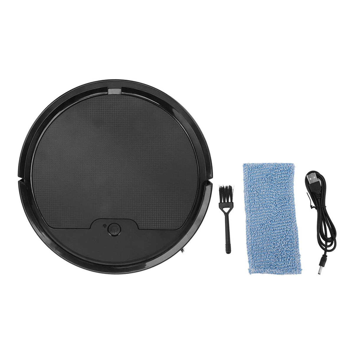Schwarzer Roboter-Staubsauger mit Zubehör auf weißer Oberfläche. Mit Bürste, Tuch und USB.