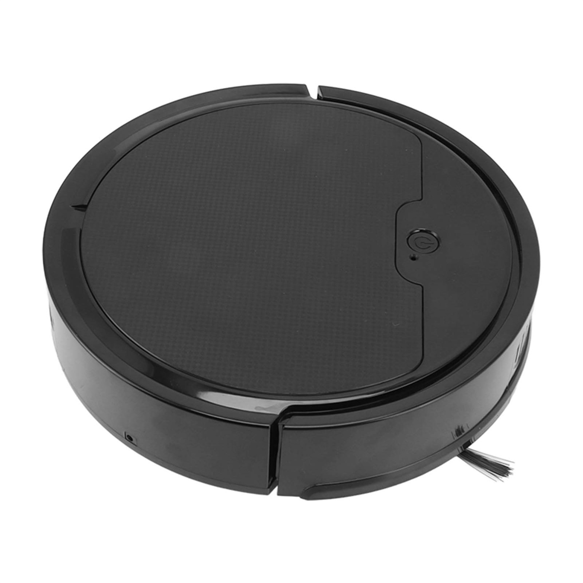 Ein schwarzer, runder Roboter-Staubsauger.