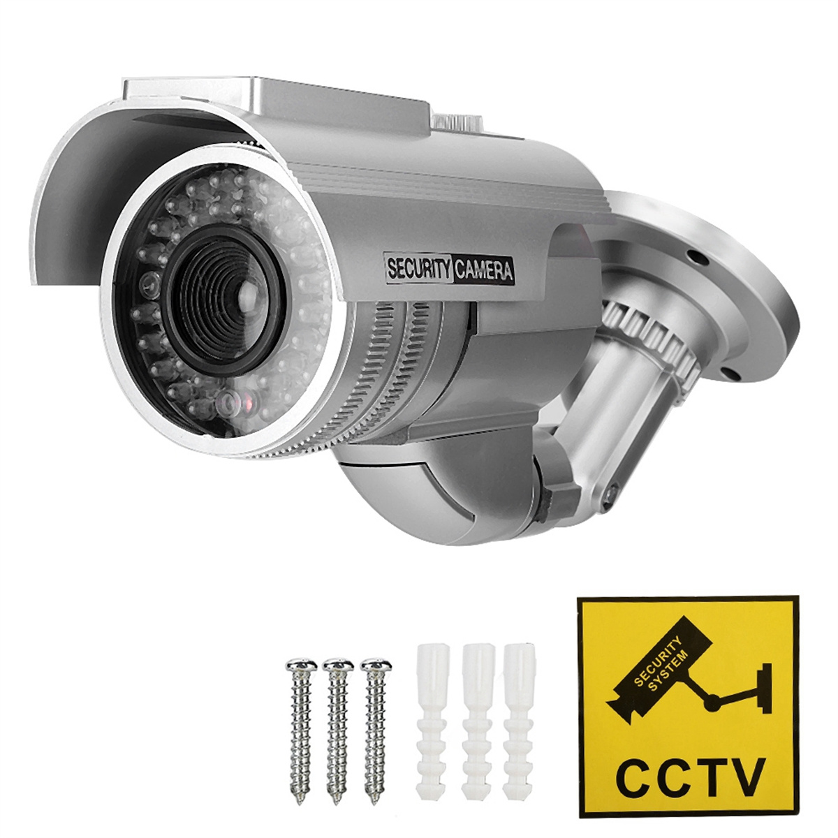 Silberne Überwachungskamera mit schwarzem und silbernem CCTV-Schild, Schrauben und Ankern auf weißem Hintergrund.