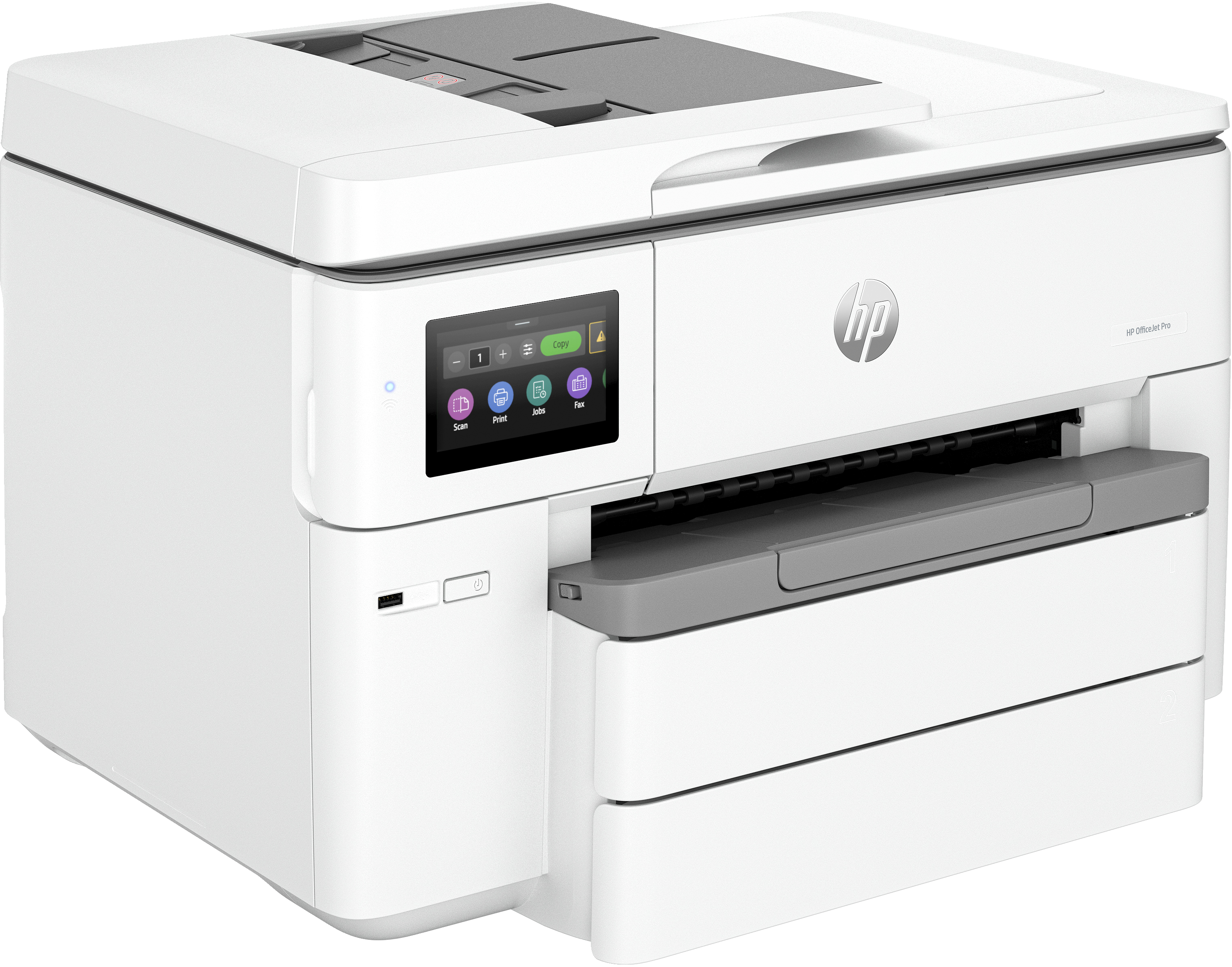 Stampante HP bianca con display touchscreen, vassoio di uscita carta e sfondo bianco.