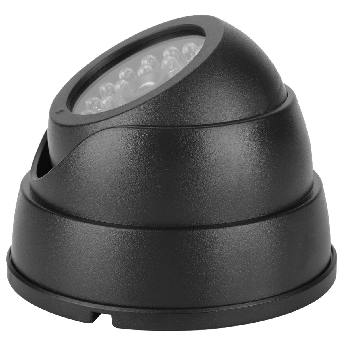 Schwarze Überwachungskamera, Blickwinkel. Runde Linse und LED-Leuchten.
