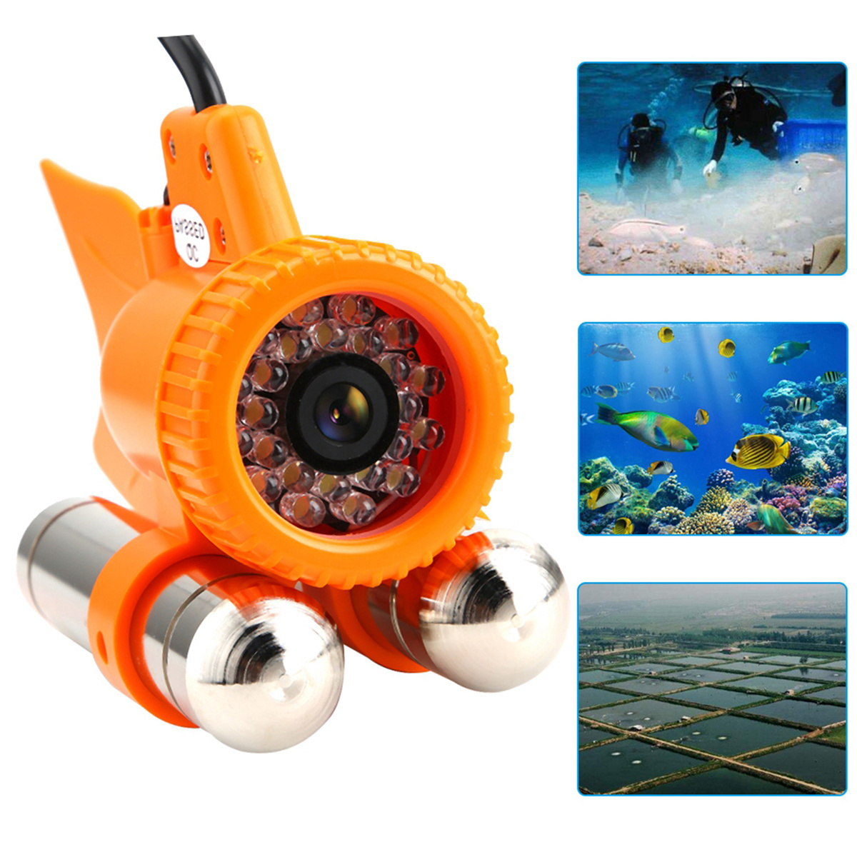 Eine orangefarbene Unterwasserkamera mit Objektiv und Lichtern sowie Bilder von Tauchern und Fischen.