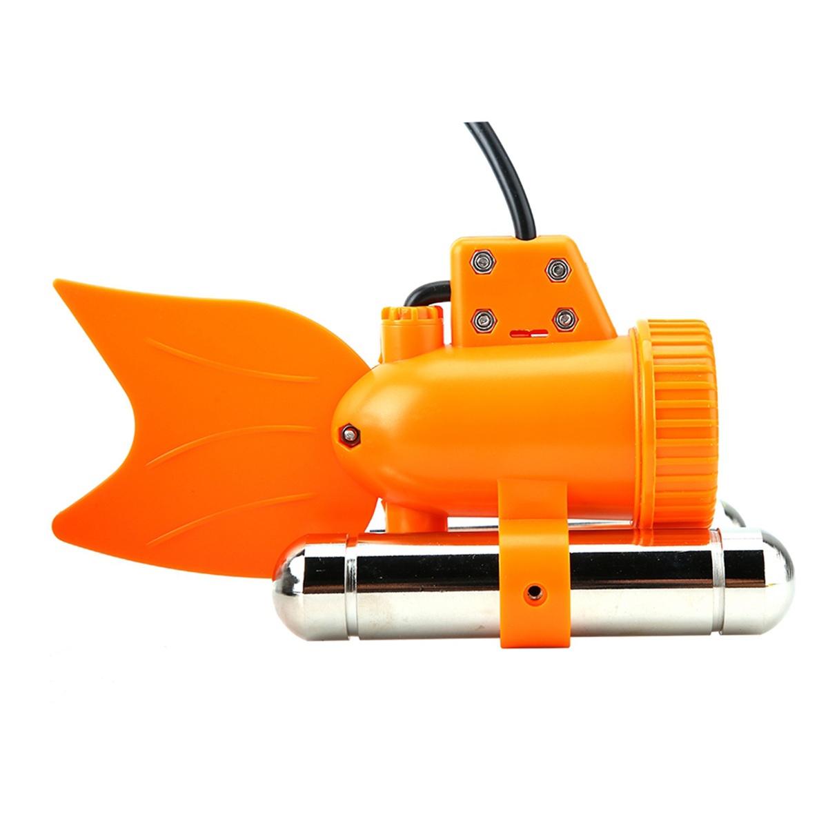 Ein orangefarbener Unterwasserroboter mit flossenartigen Anhängseln und einem silbernen zylindrischen Körper.