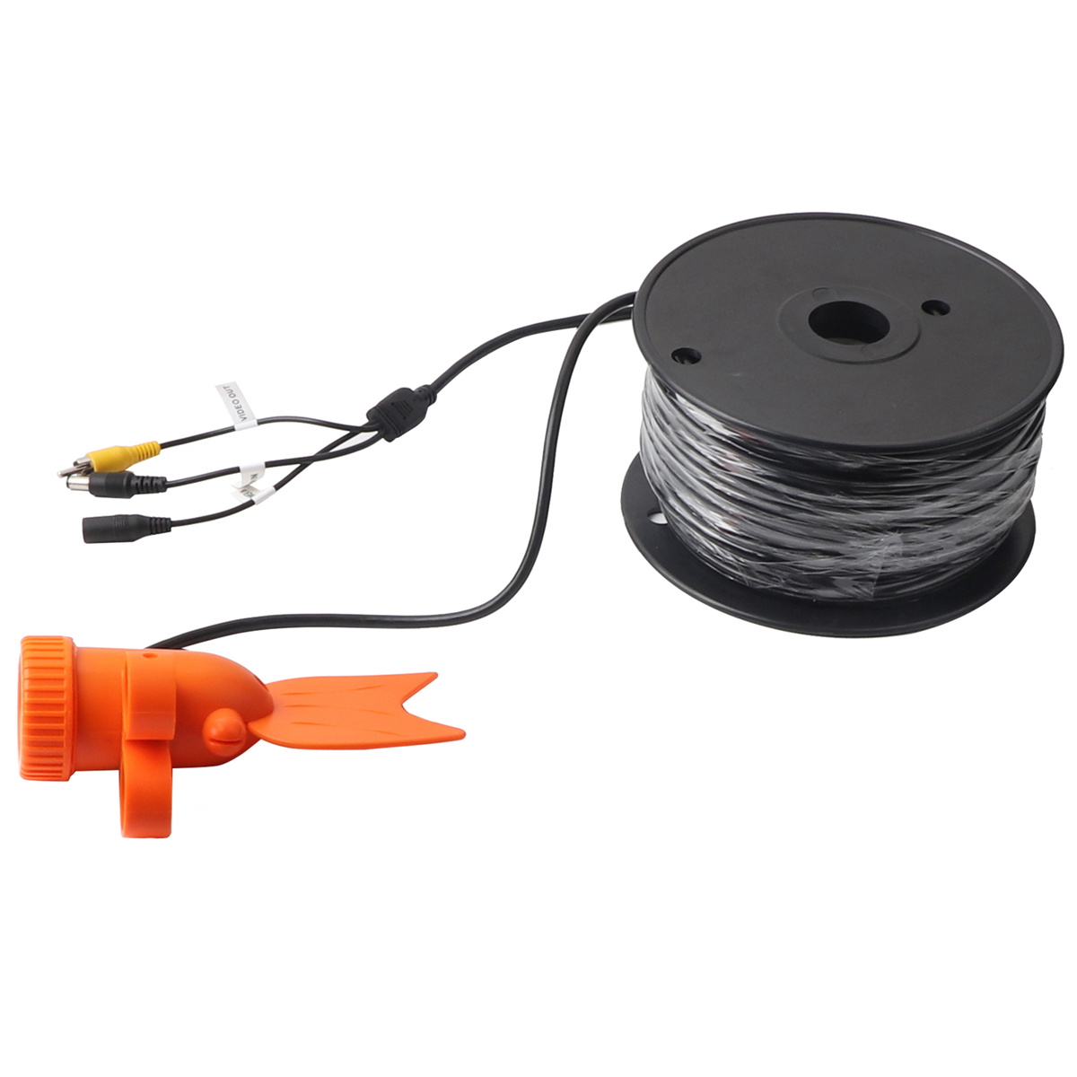Eine schwarze Kabeltrommel mit orangefarbenen Steckern und einem gelben Kabel.