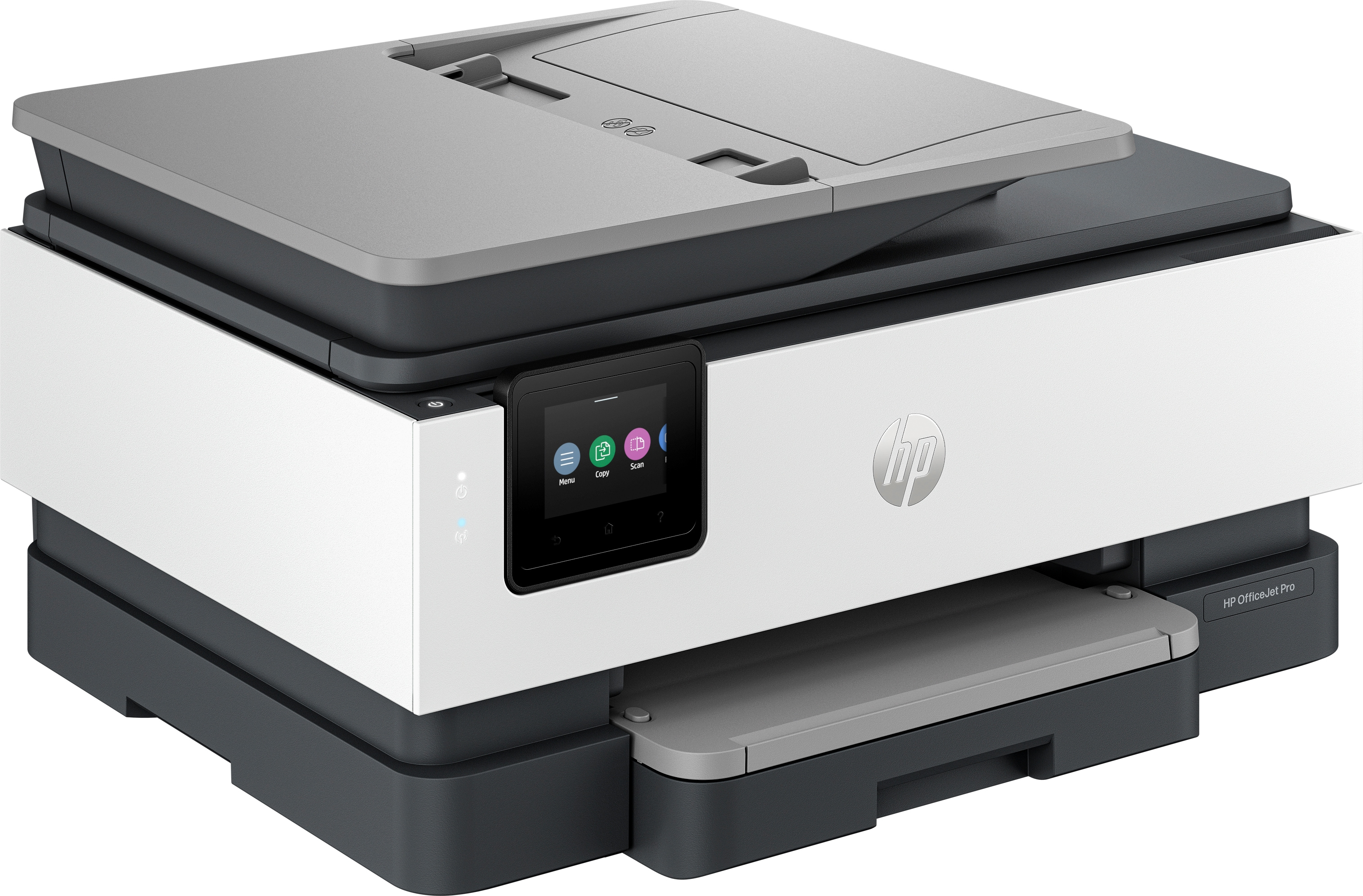 Ein weißer HP-Drucker mit grauem Oberteil und Scanner, Touchscreen links und Papierfach.