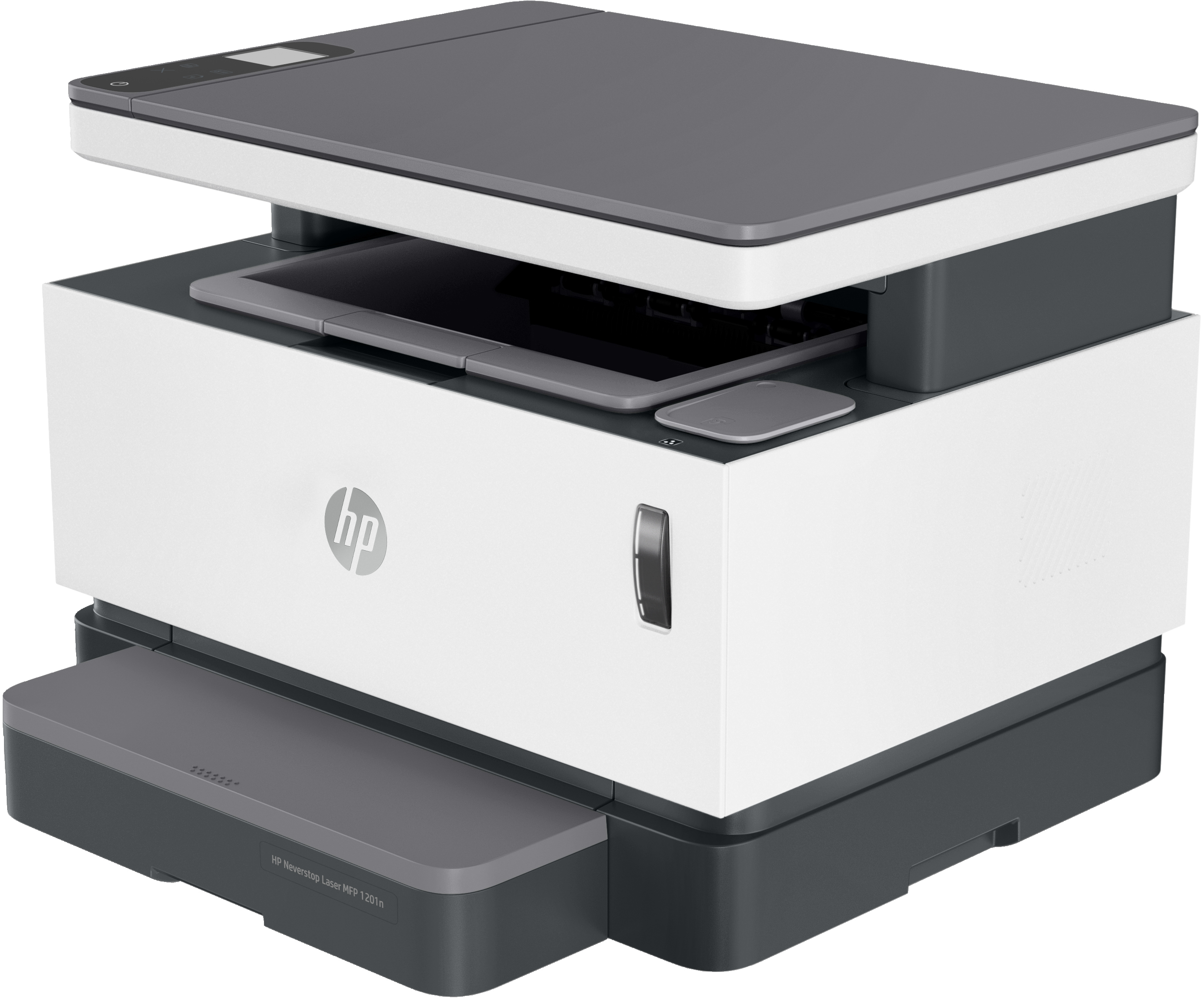Impresora blanca y gris con tapa abierta. Tiene una bandeja de papel al frente. Logotipo HP visible.