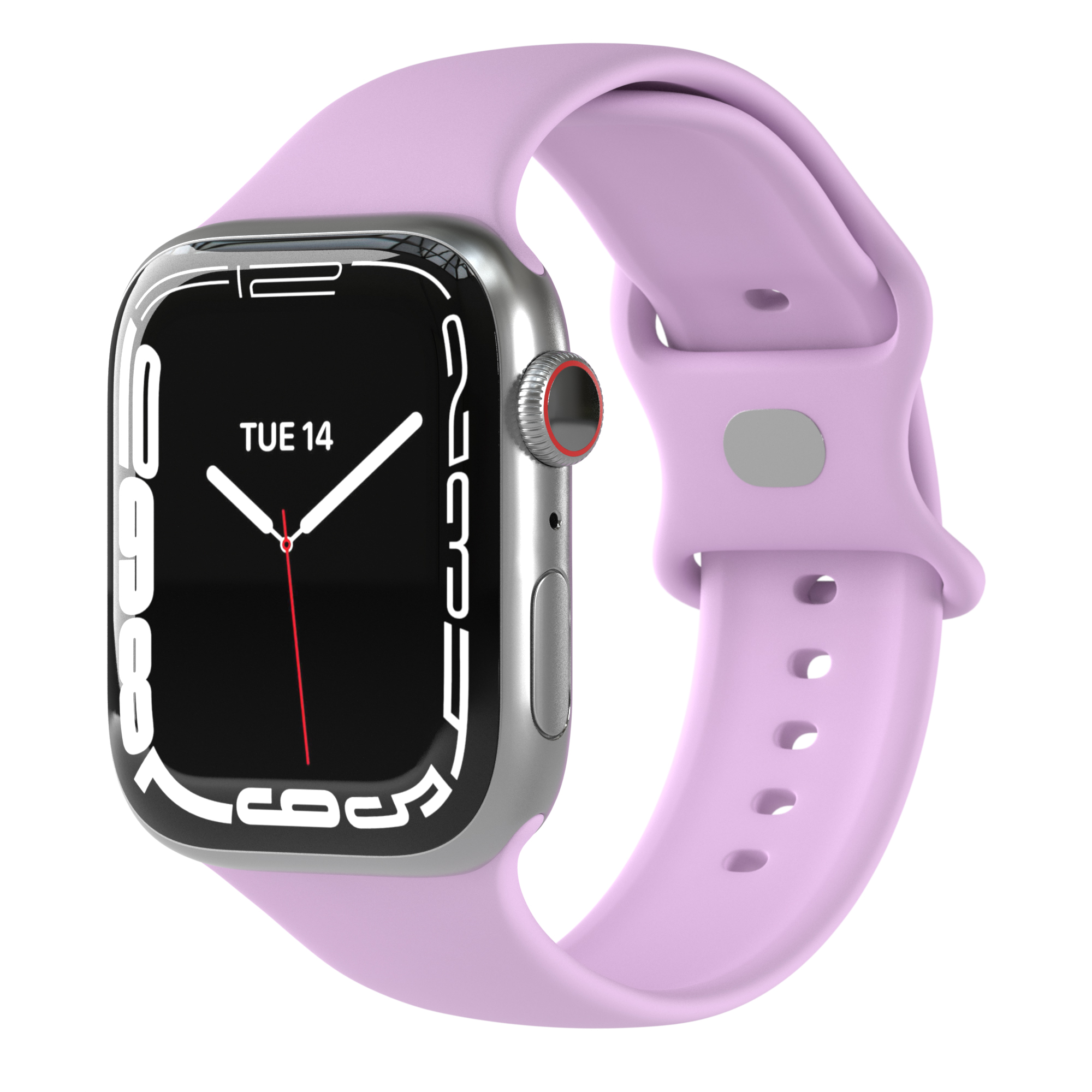Smartwatch mit lavendelfarbenem Armband. Silberrahmen. Anzeige zeigt Datum und Uhrzeit.