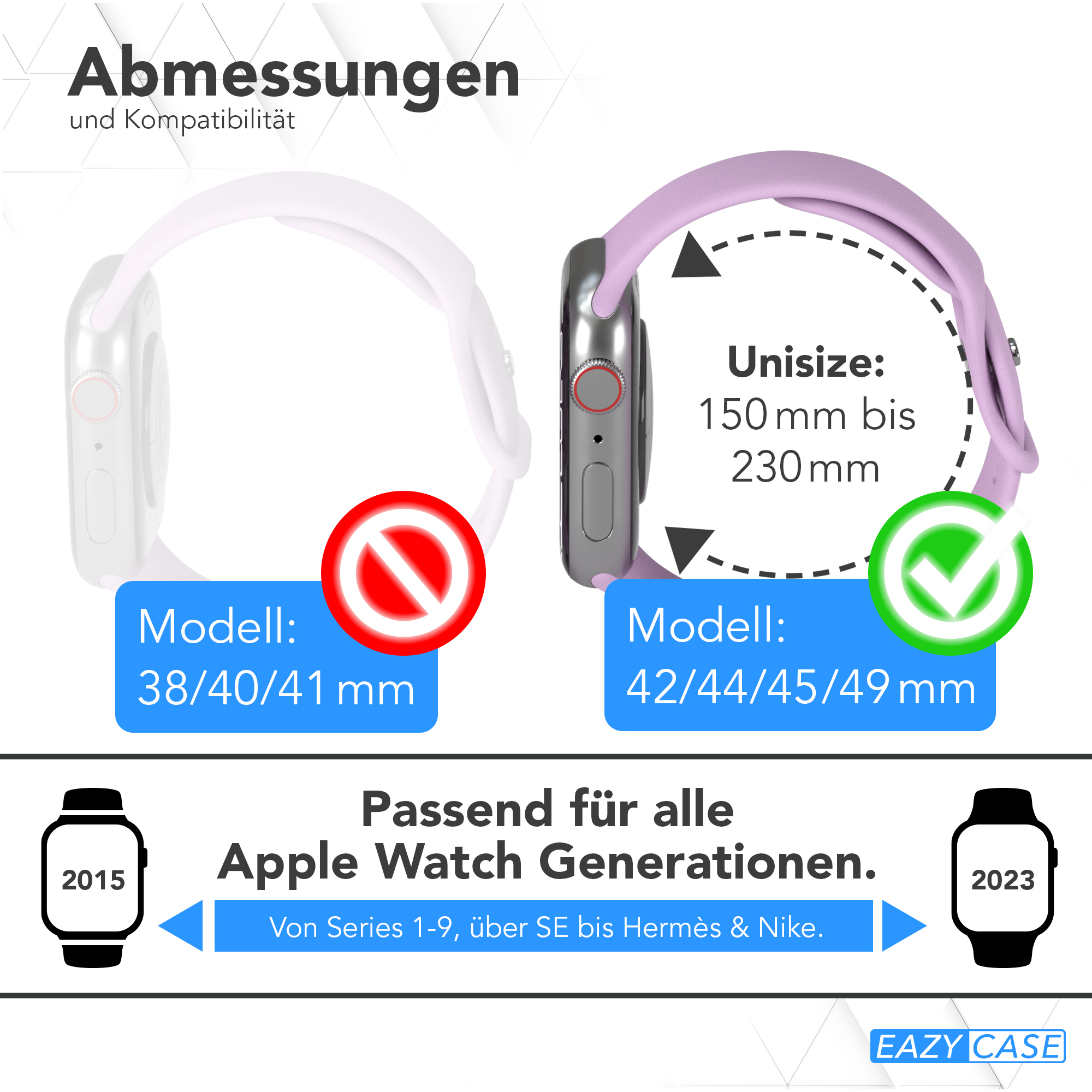 Zwei Uhrenarmbänder, eines grau und eines rosa. Text zeigt Größe und Kompatibilität mit Apple Watch.