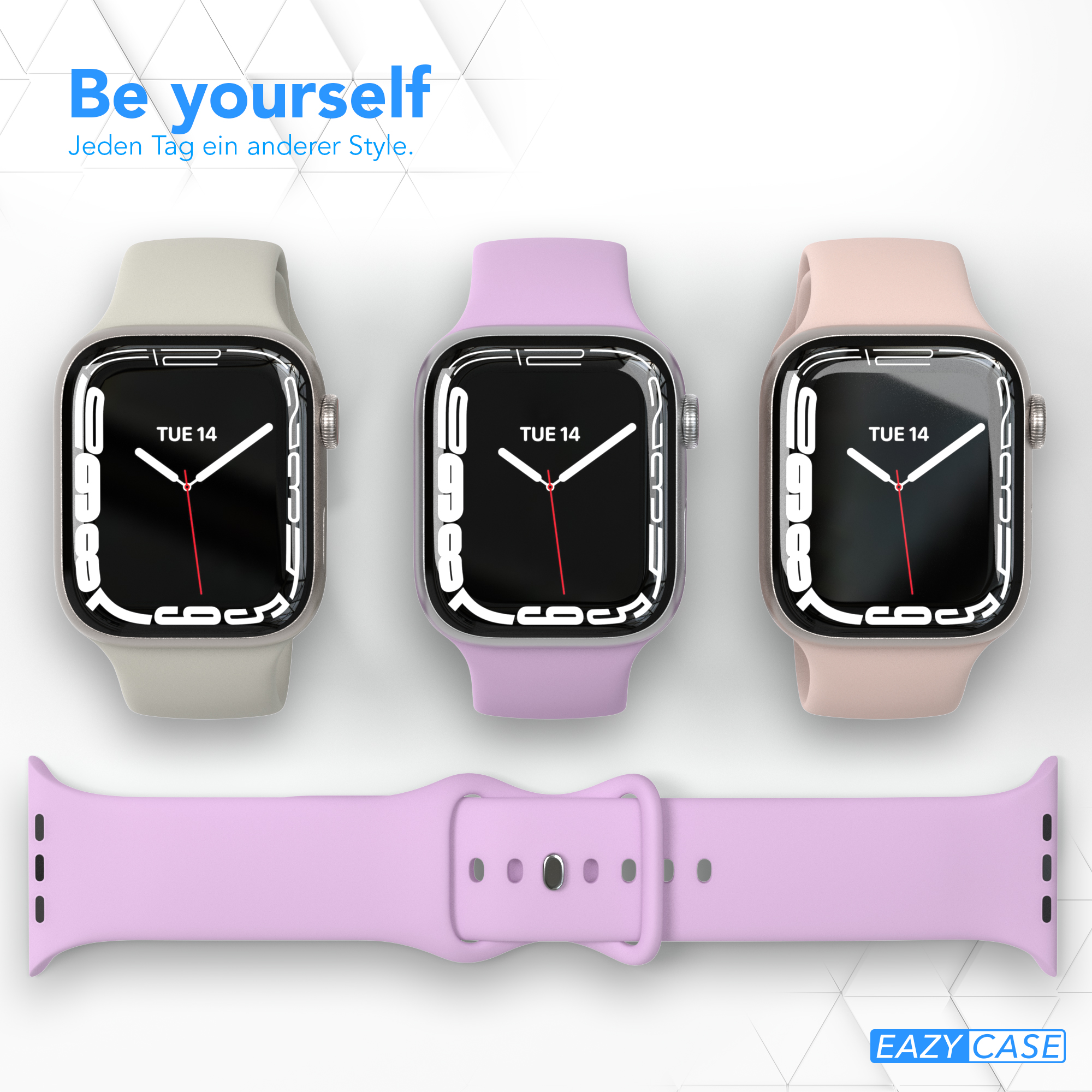 Drei Smartwatches in verschiedenen Farben mit einem Uhrenarmband darunter. Weißer Hintergrund.