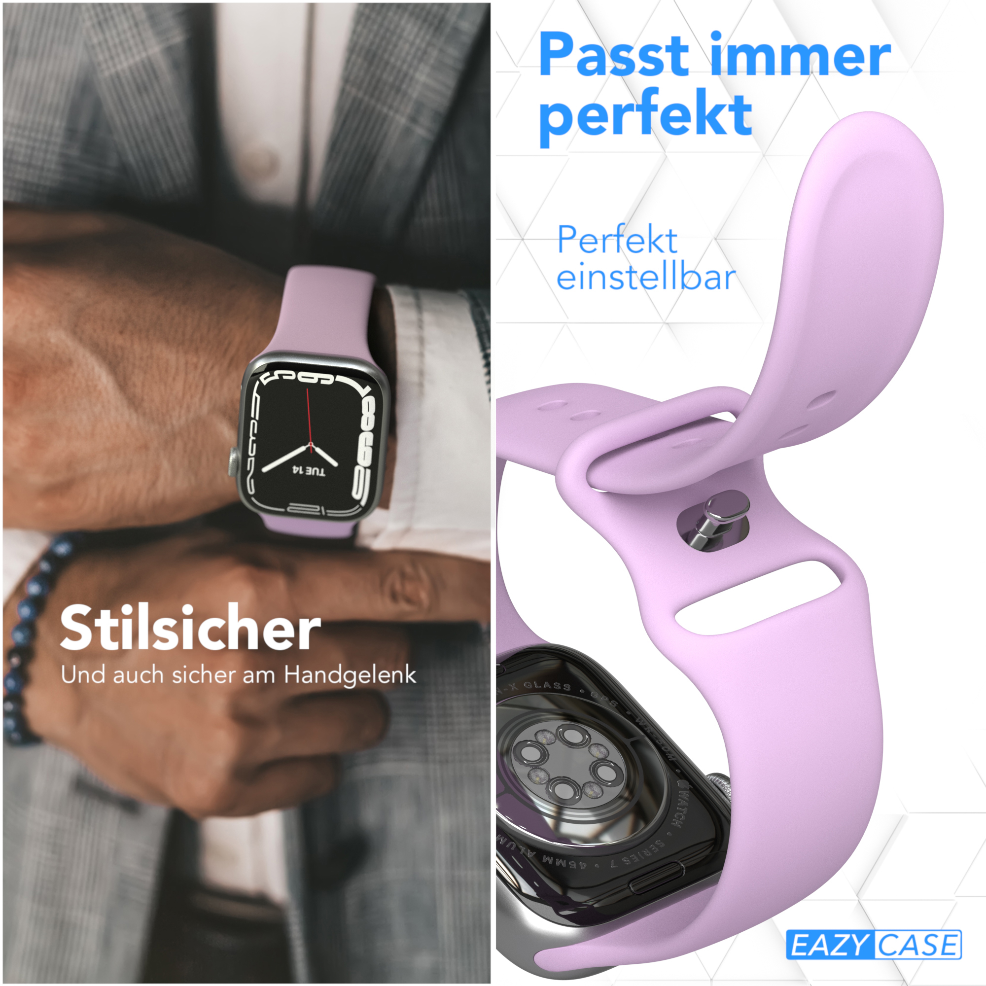Handgelenk eines Mannes mit rosa Uhr und daneben ein rosa Uhrenarmband.