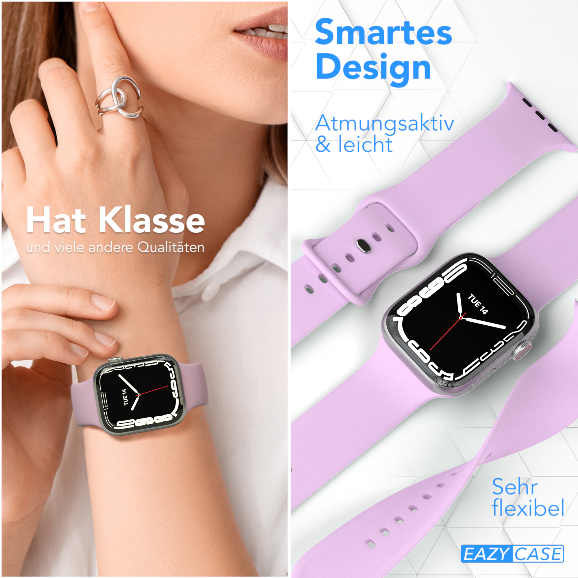Frauenhand mit Uhr, Ring und Text links. Der Text zeigt 'Hat Klasse' und 'Eazy Case'.